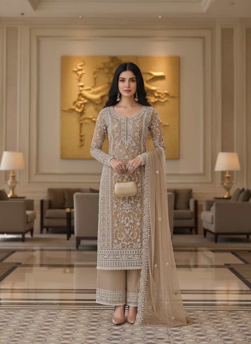 Beige Floral Net Palazzo Suit — alternate view