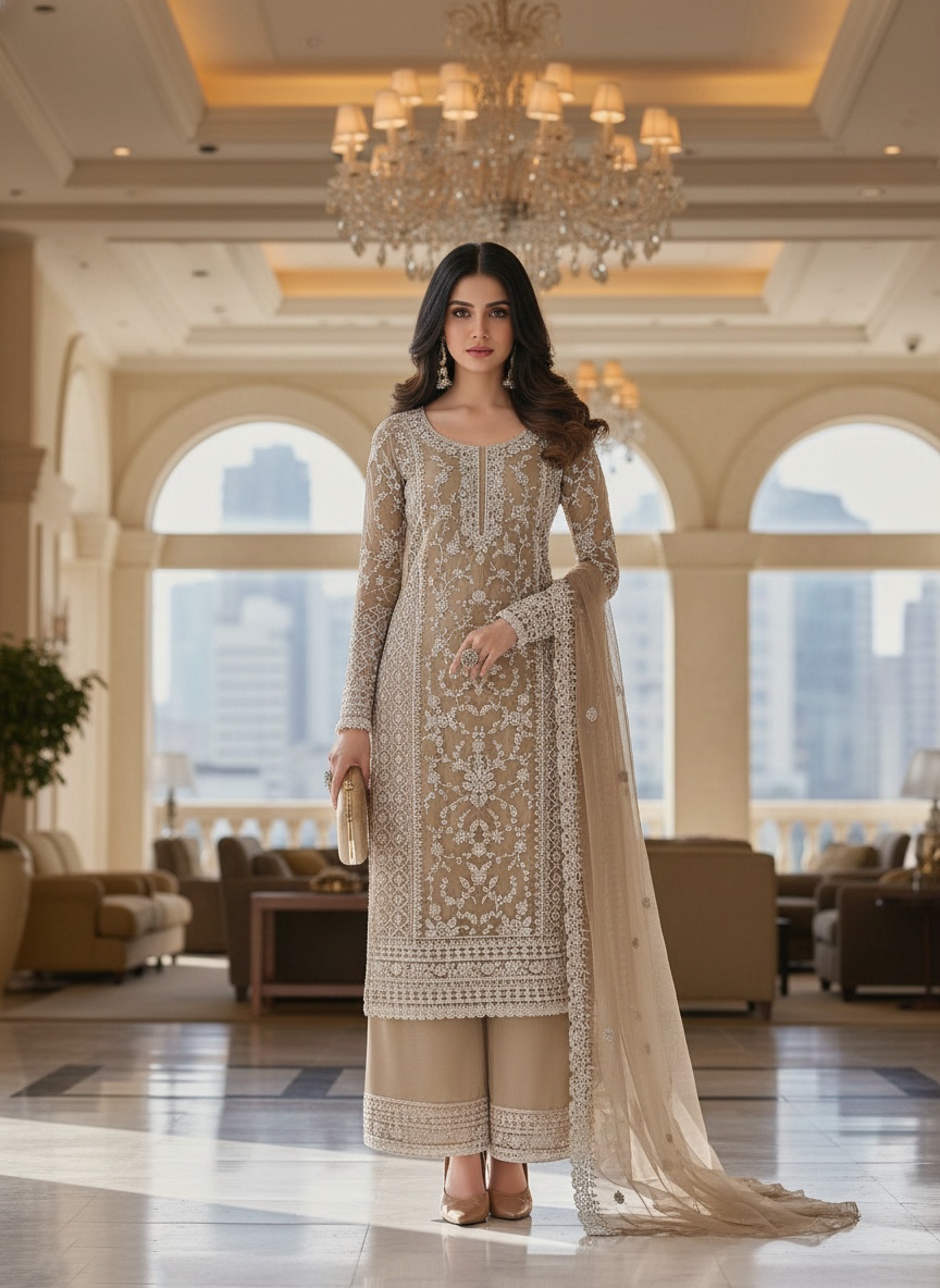 Beige Floral Net Palazzo Suit