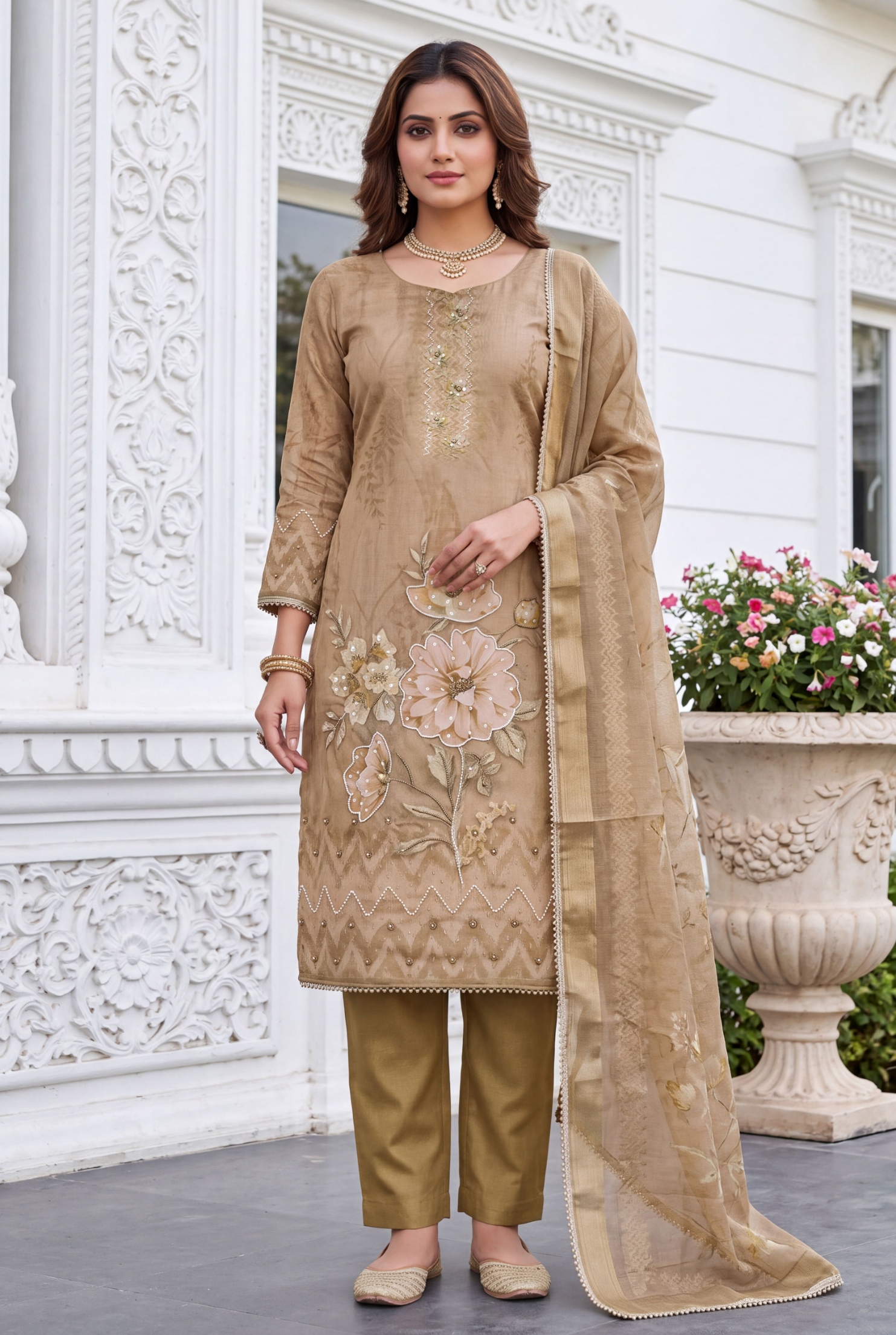 Beige Floral Printed Simmer Linen Cotton Straight Suit