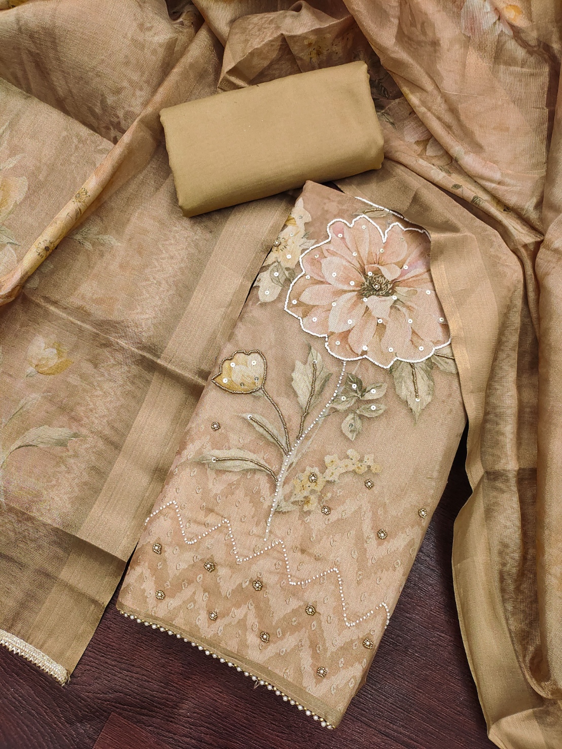 Beige Floral Printed Simmer Linen Cotton Straight Suit