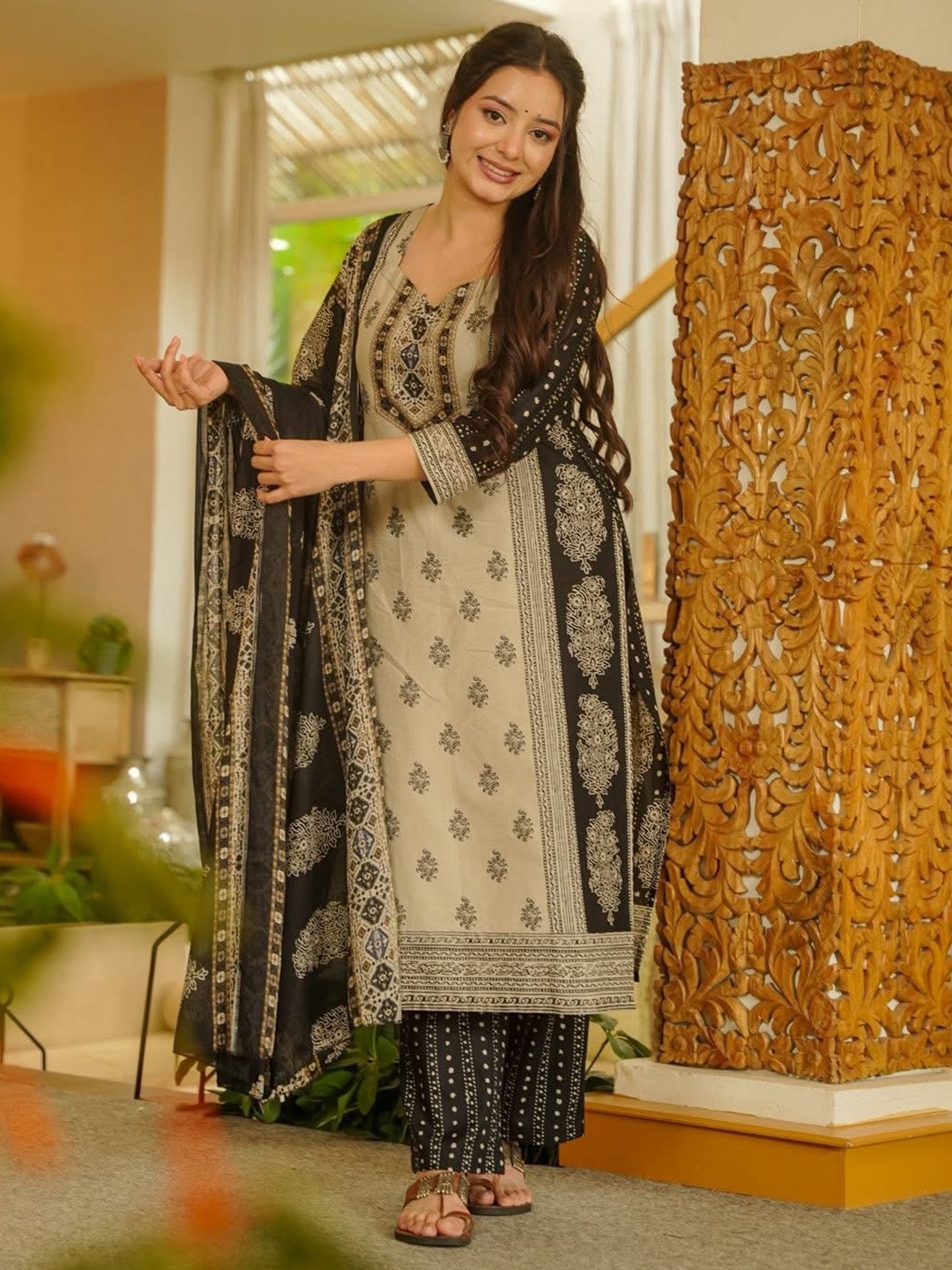 Beige Floral Printed Slub Kurta Set