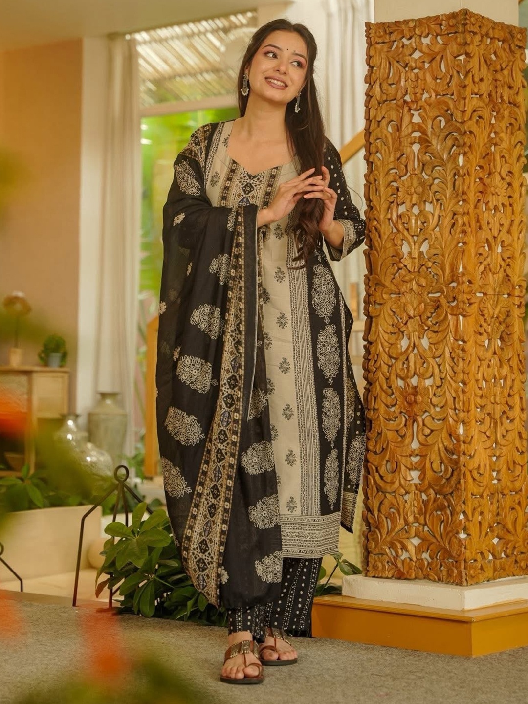 Beige Floral Printed Slub Kurta Set