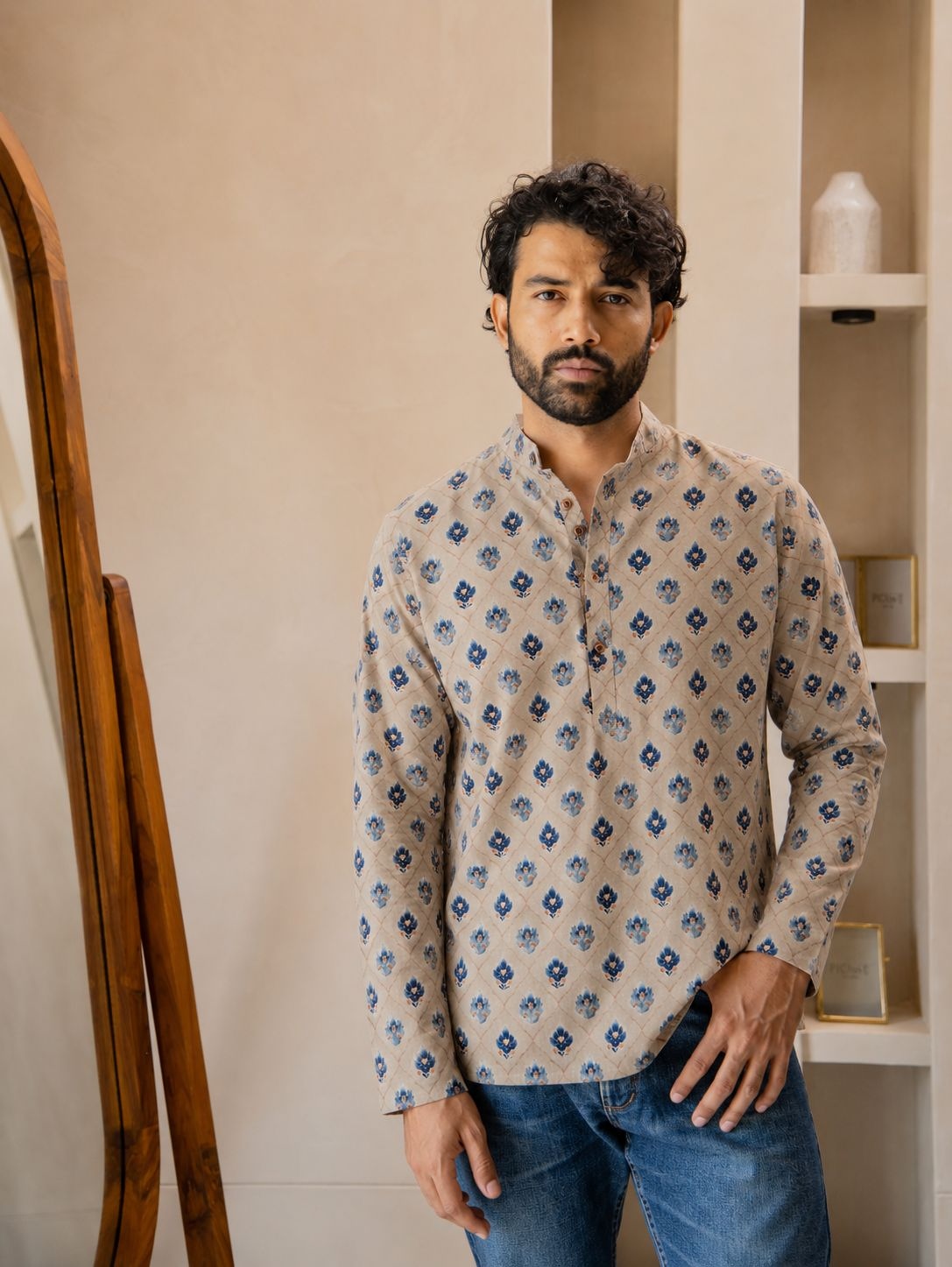 Beige Floral Printed Swiss Linen Short Kurta