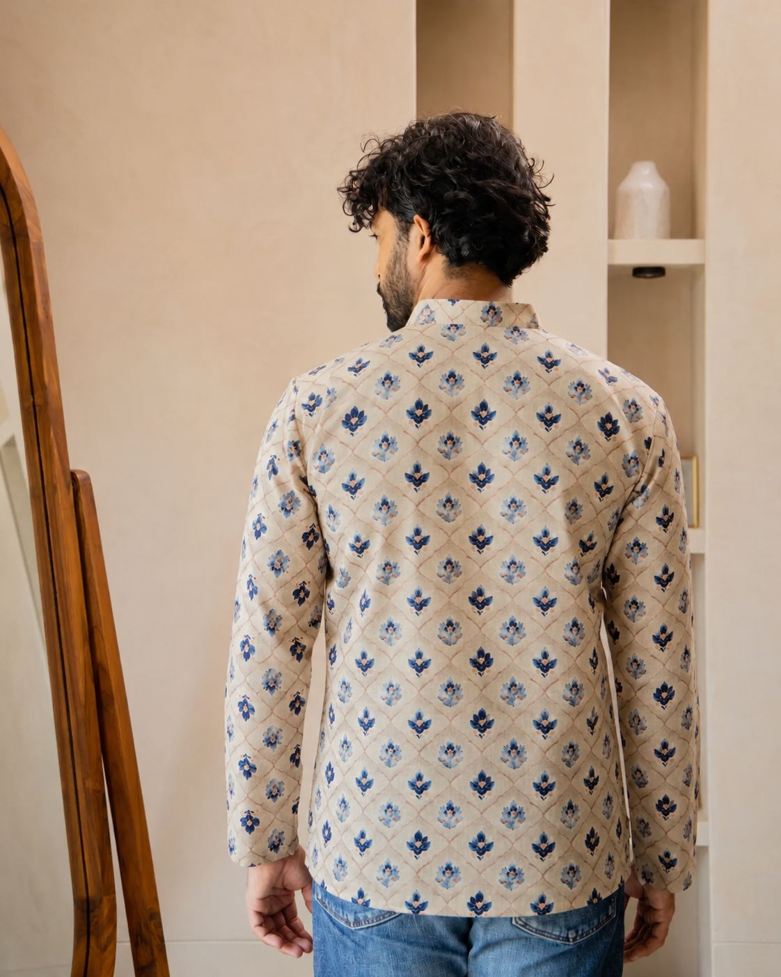 Beige Floral Printed Swiss Linen Short Kurta — alternate view