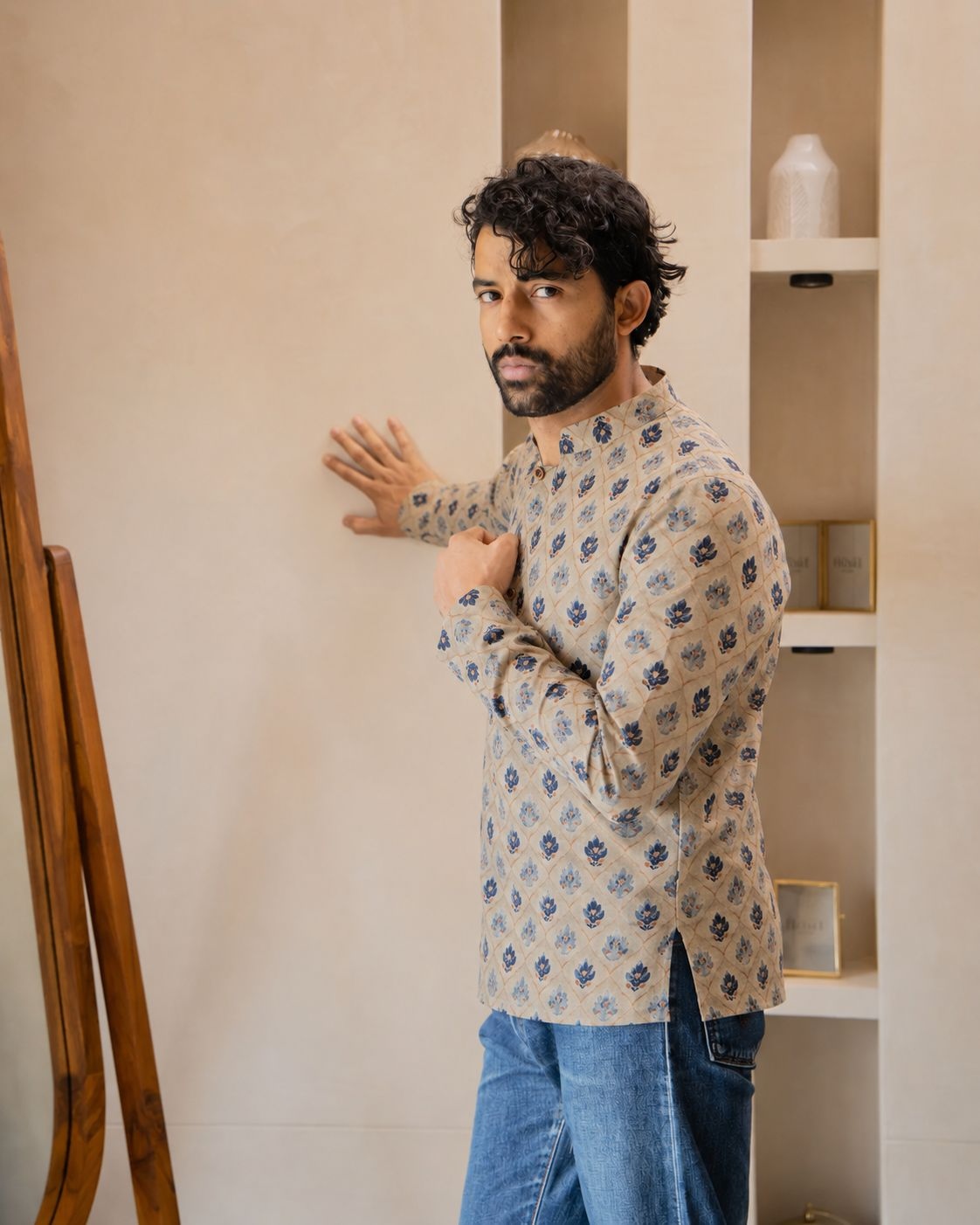 Beige Floral Printed Swiss Linen Short Kurta