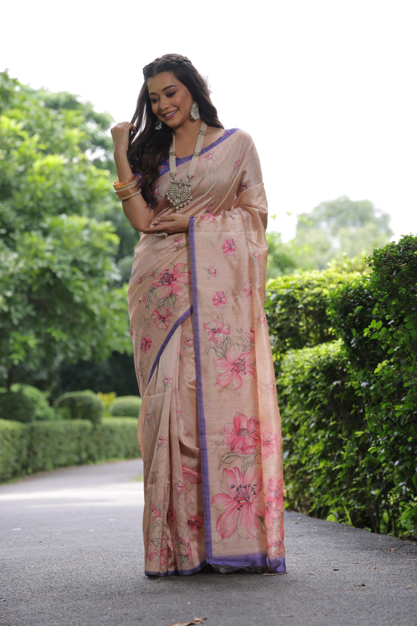 Beige Floral Printed Tussar Silk Saree — alternate view