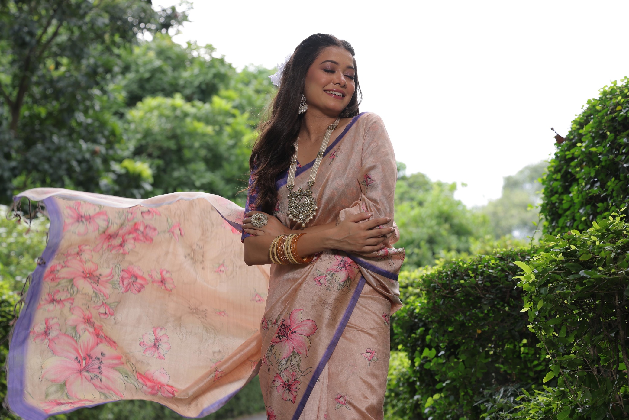 Beige Floral Printed Tussar Silk Saree