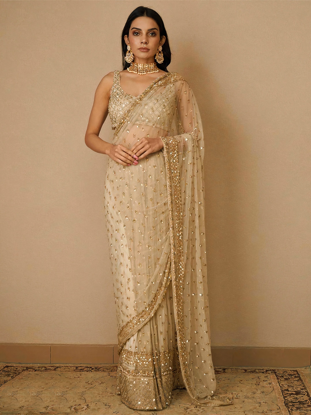Beige Floral Sequin Net Saree