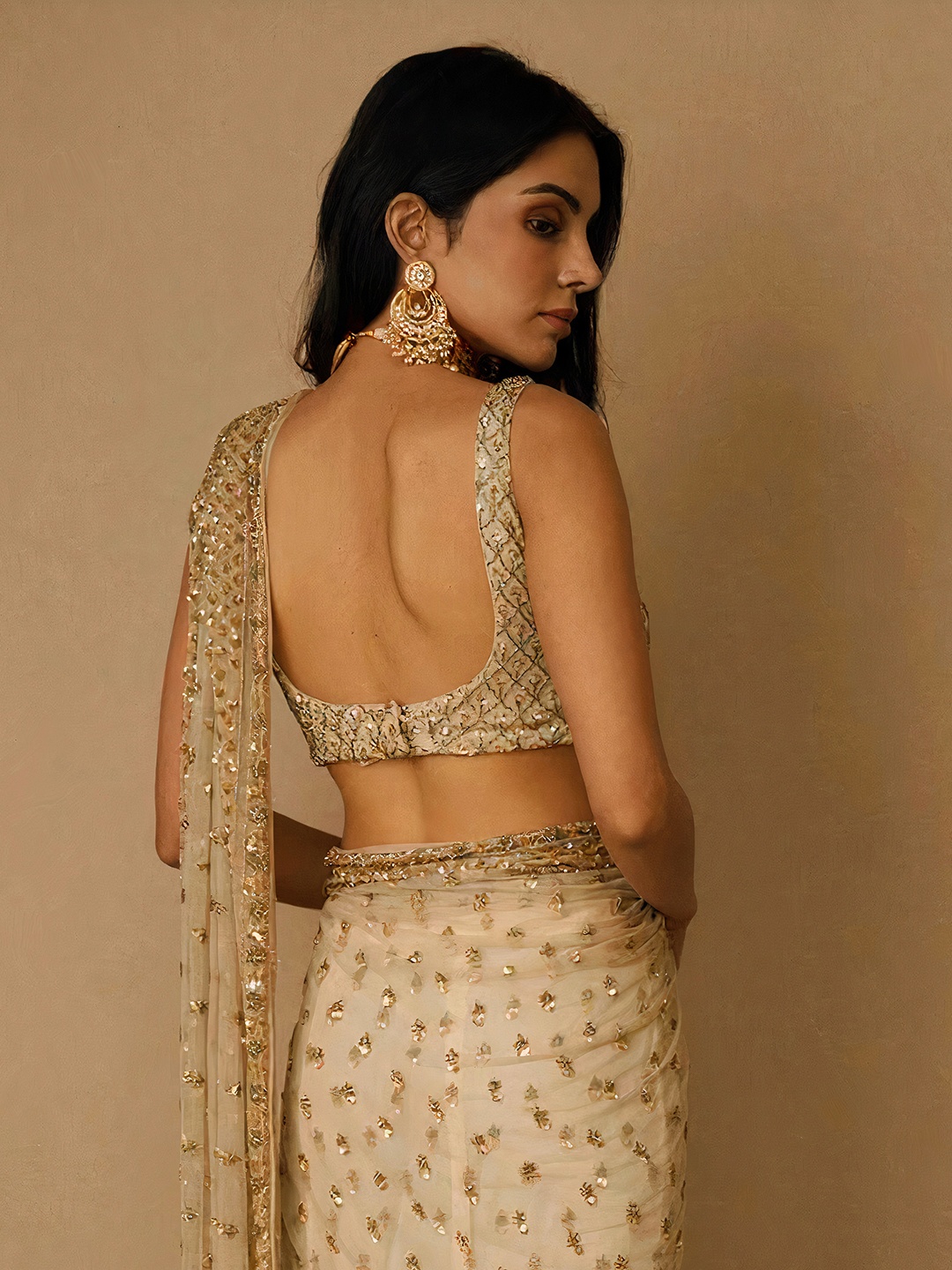 Beige Floral Sequin Net Saree — alternate view