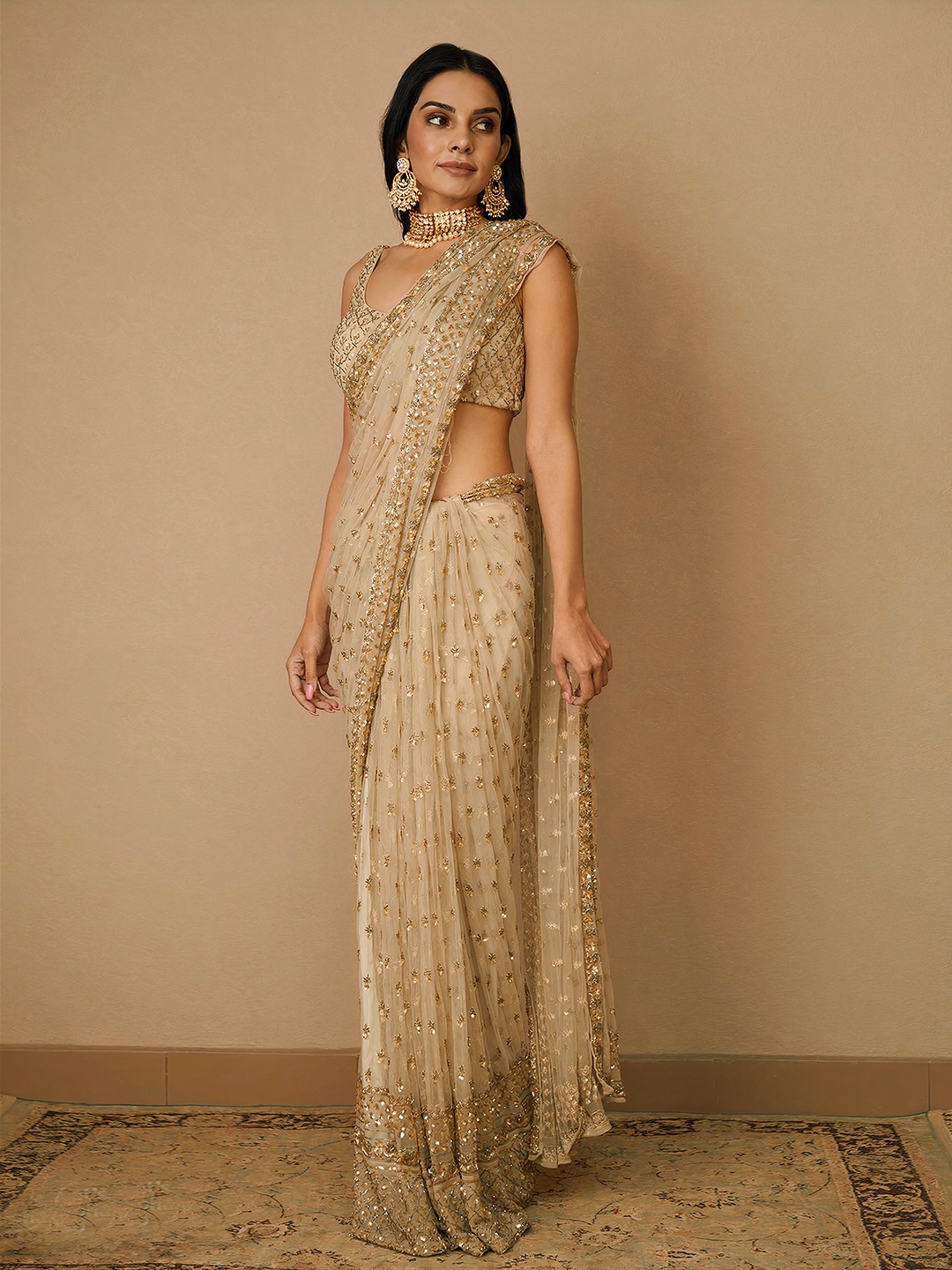 Beige Floral Sequin Net Saree