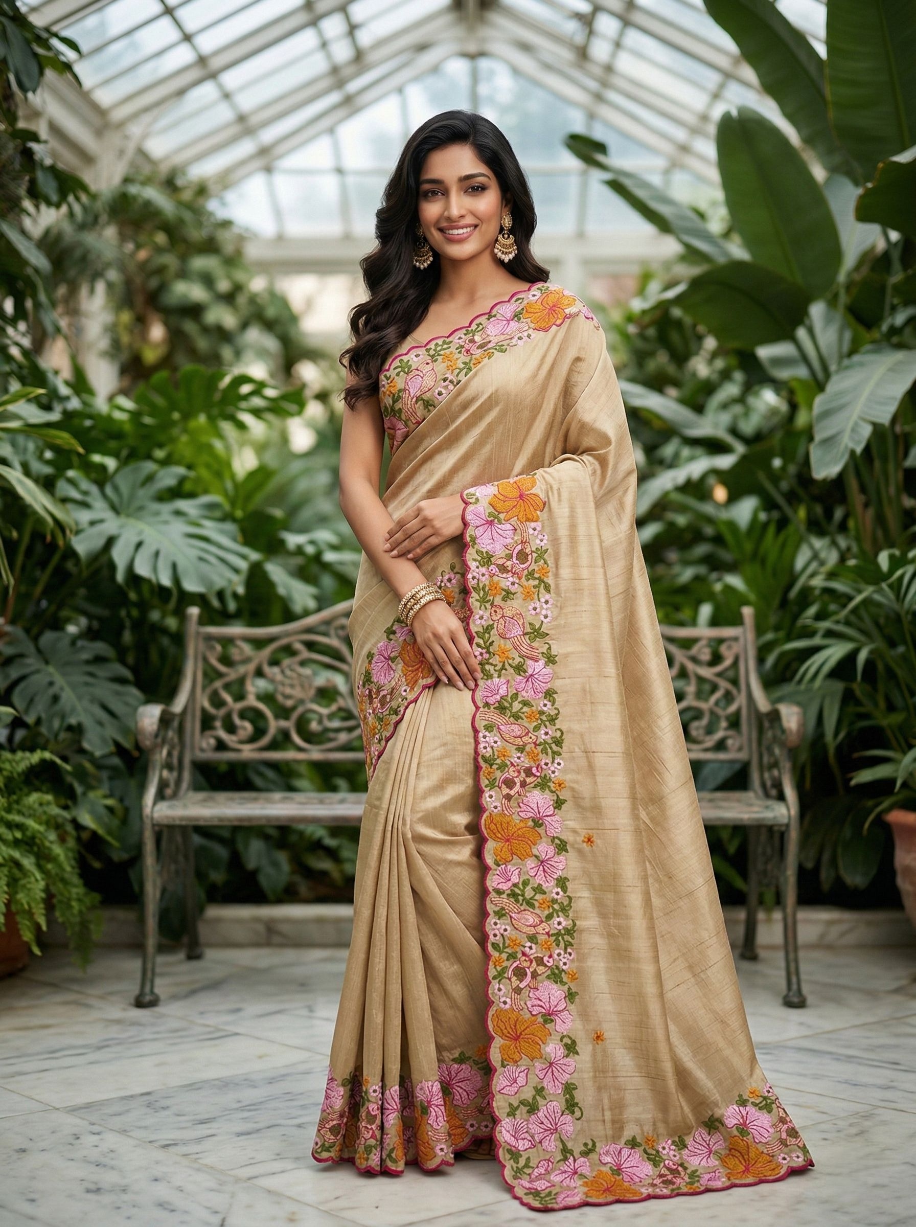 Beige Floral Thread Embroidery Manipuri Silk Saree