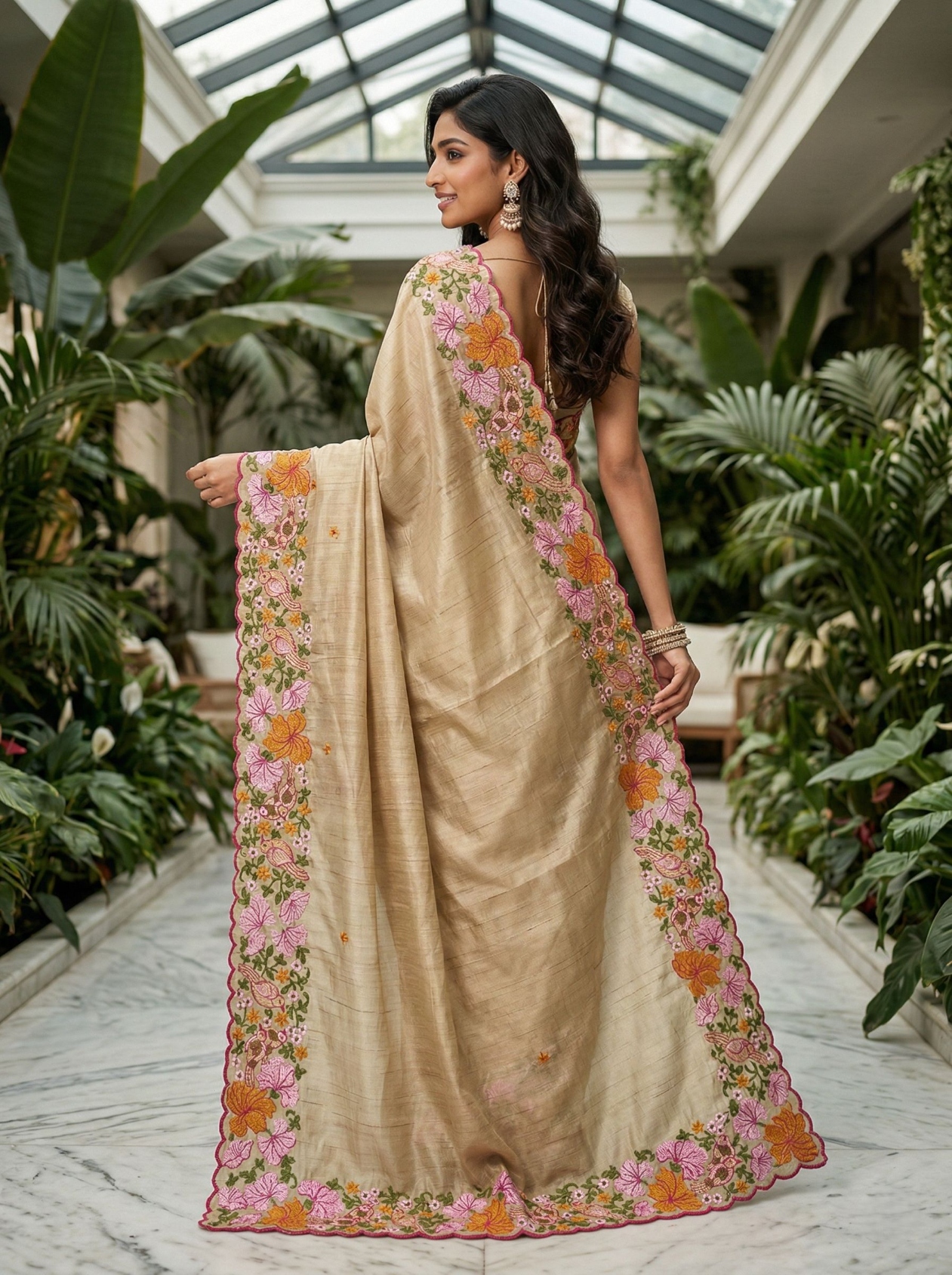 Beige Floral Thread Embroidery Manipuri Silk Saree — alternate view