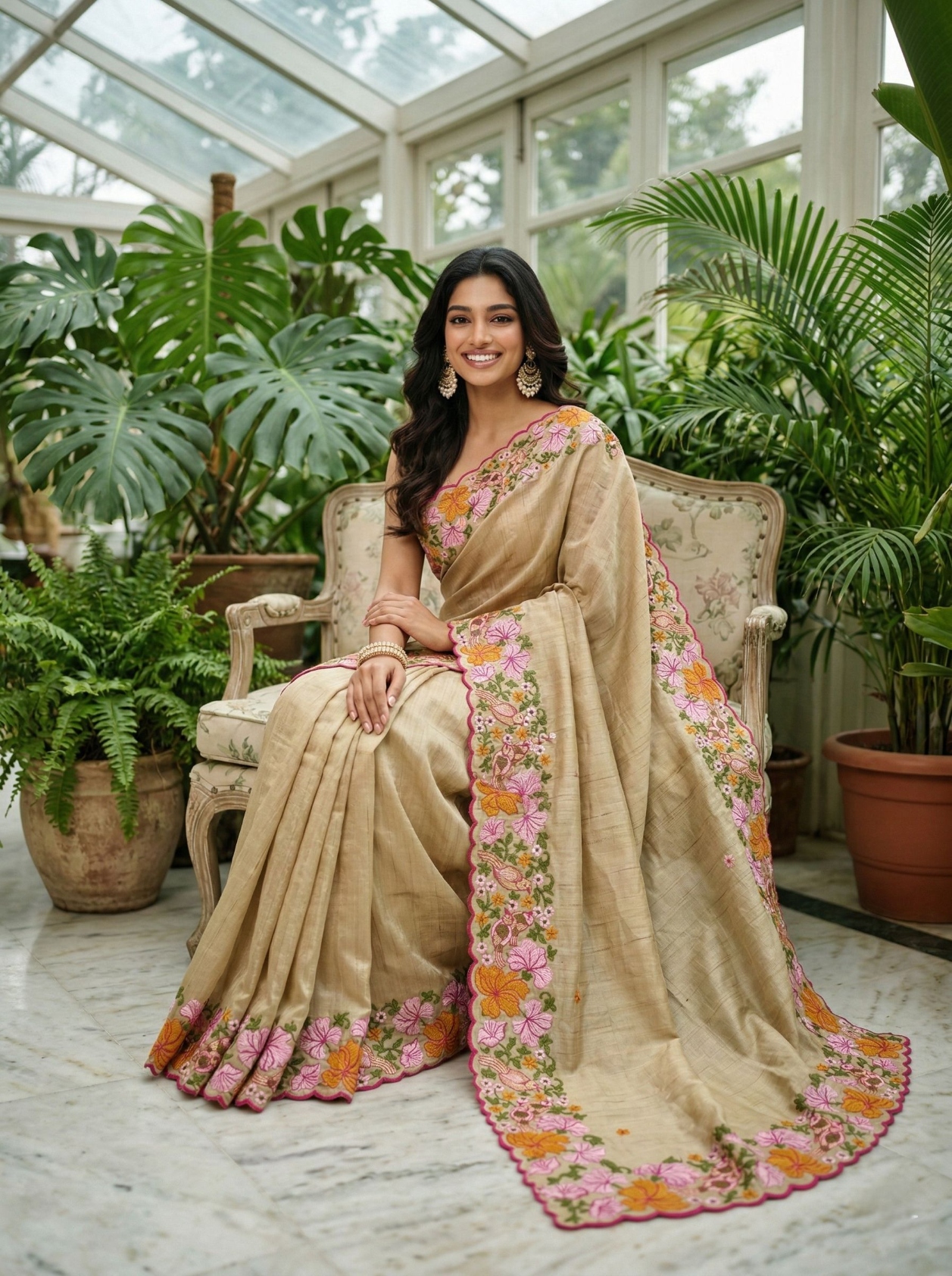 Beige Floral Thread Embroidery Manipuri Silk Saree