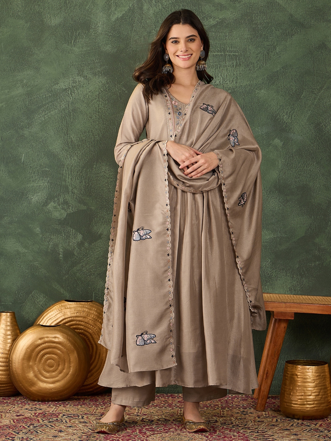 Beige Floral Thread Vichitra Silk Straight Suit