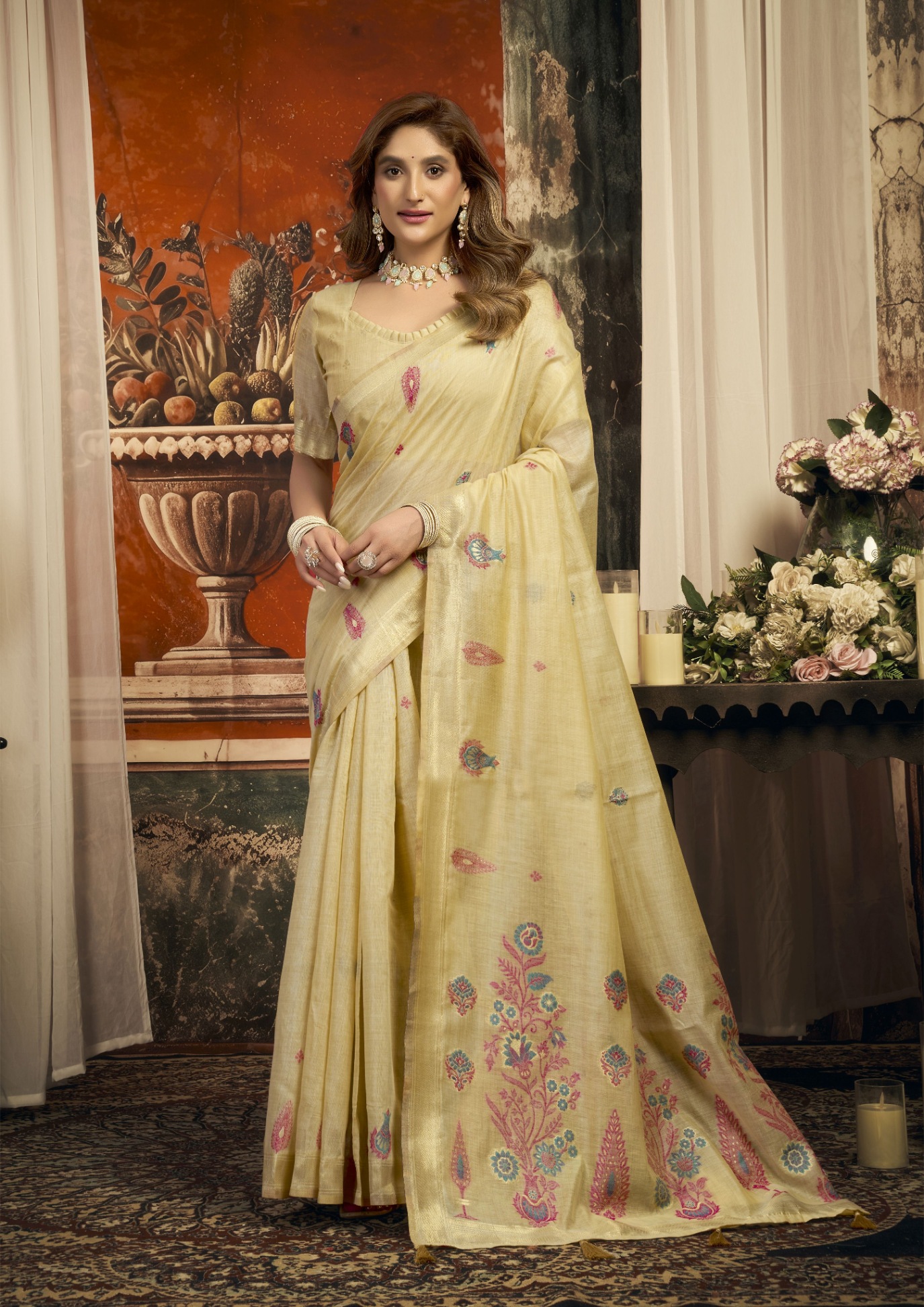 Beige Floral Woven Puri Cotton Saree