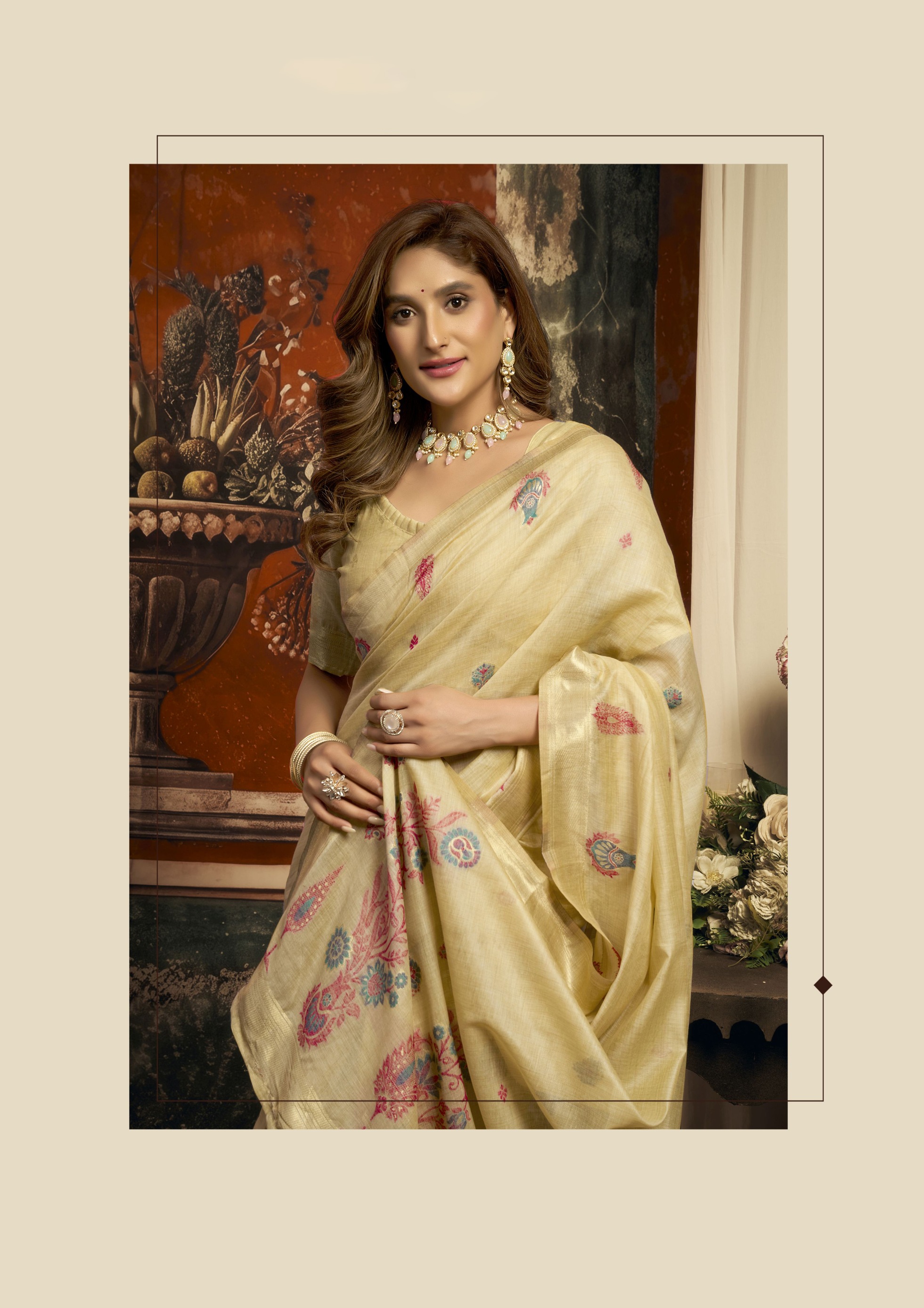 Beige Floral Woven Puri Cotton Saree