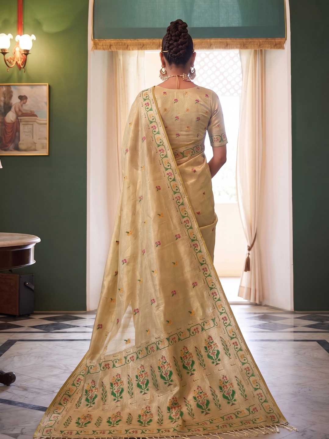 Beige Floral Woven Tissue Silk Saree — alternate view