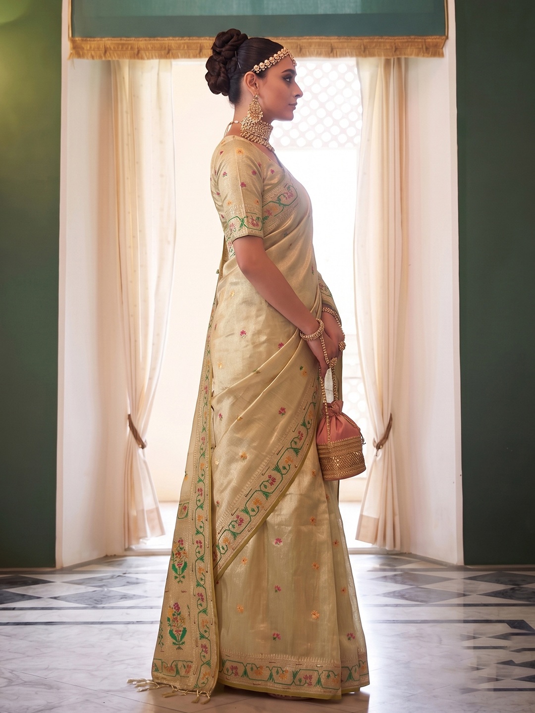 Beige Floral Woven Tissue Silk Saree