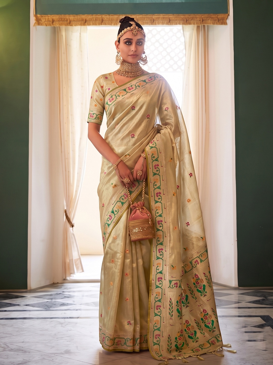 Beige Floral Woven Tissue Silk Saree