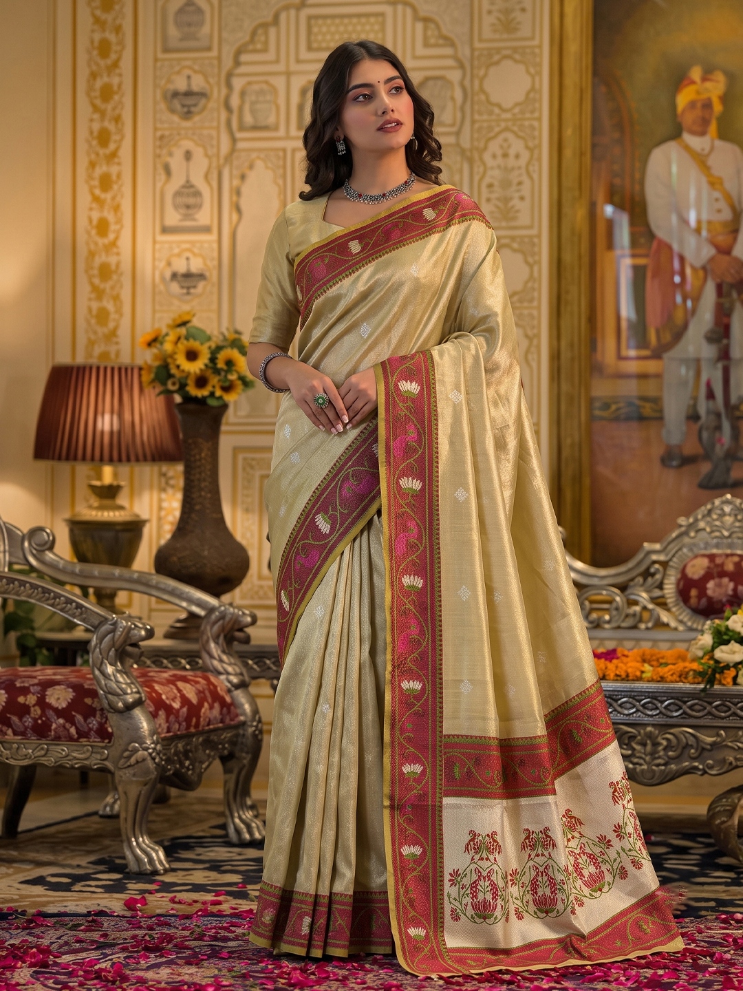 Beige Floral Woven Tissue Silk Saree