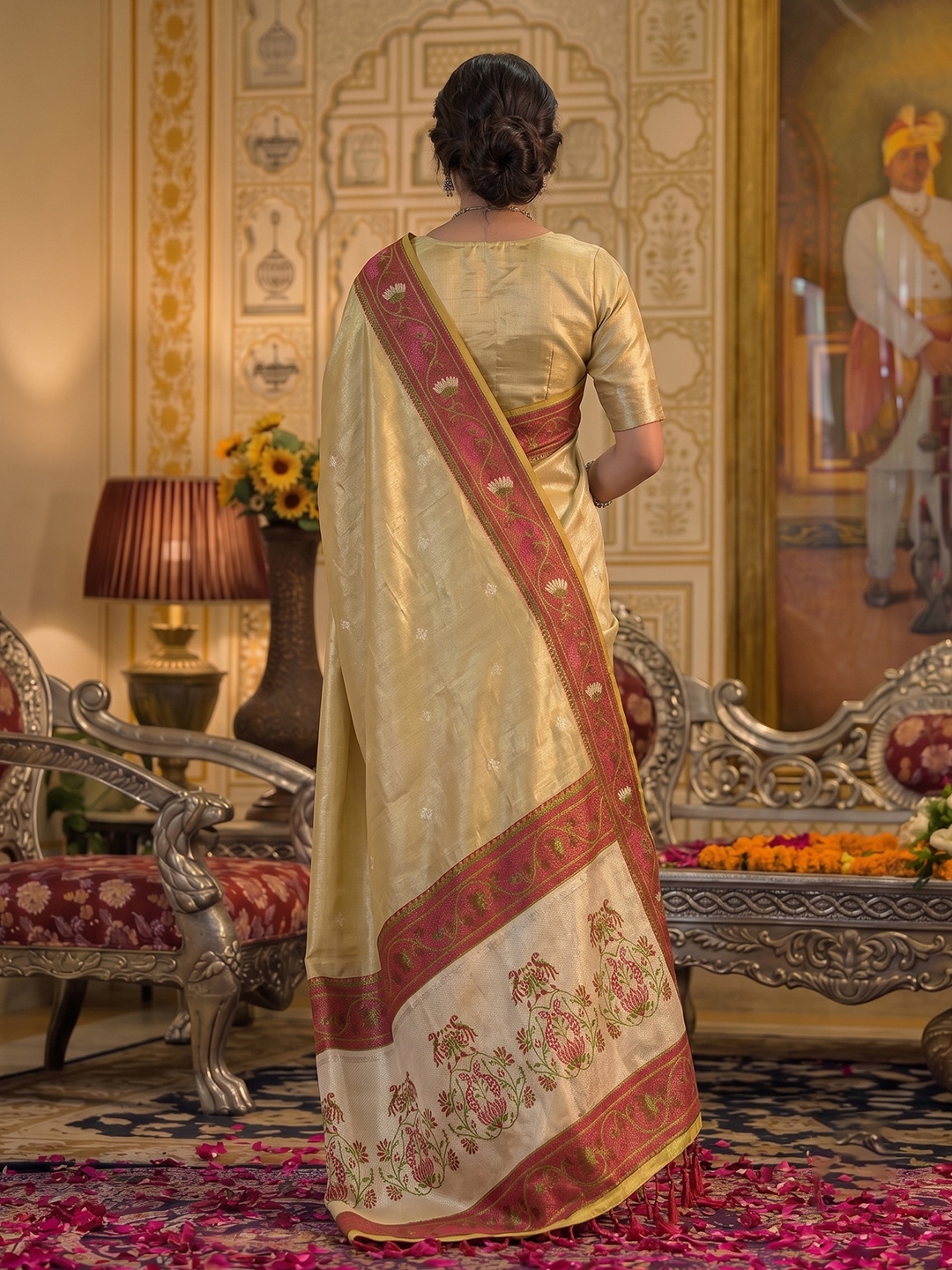 Beige Floral Woven Tissue Silk Saree — alternate view