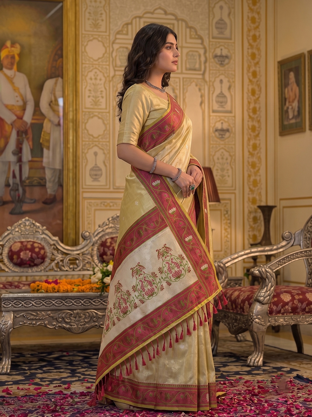 Beige Floral Woven Tissue Silk Saree