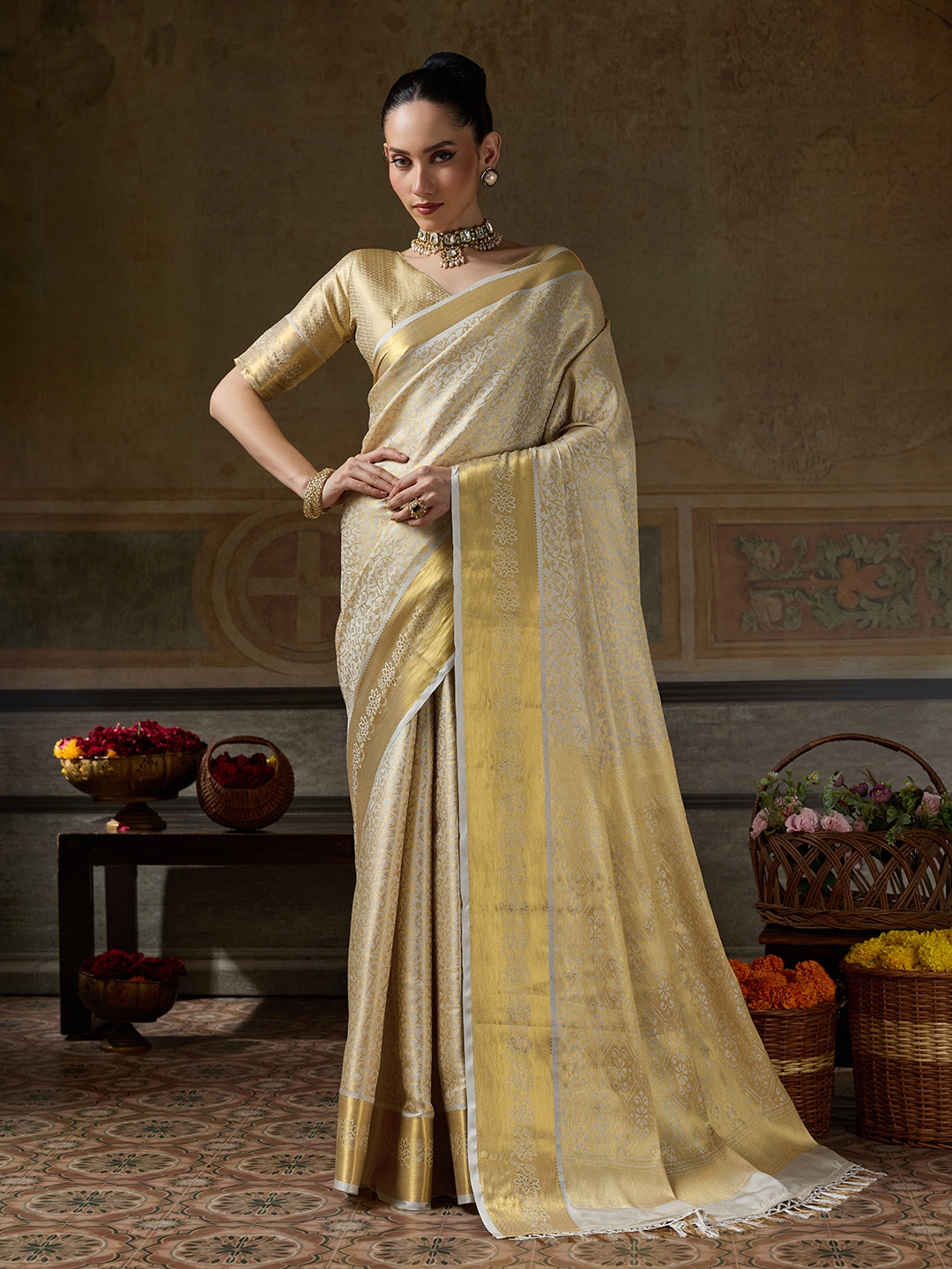 Beige Floral Woven Zari Kanchivaram Silk Saree