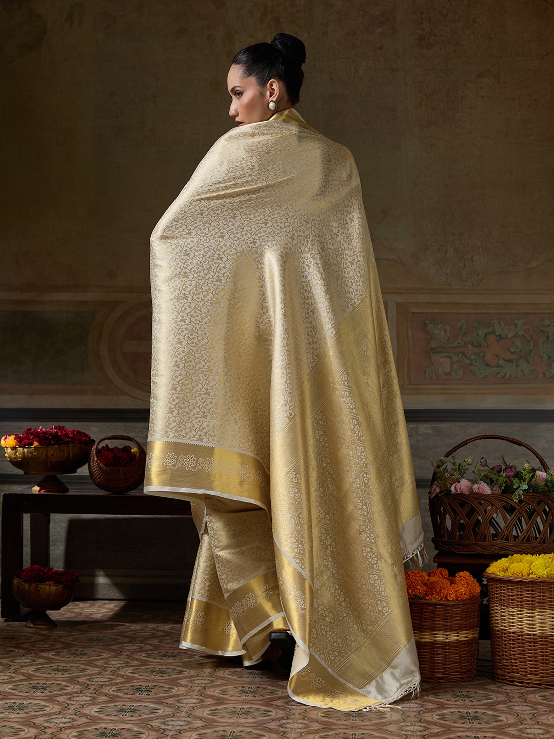 Beige Floral Woven Zari Kanchivaram Silk Saree — alternate view