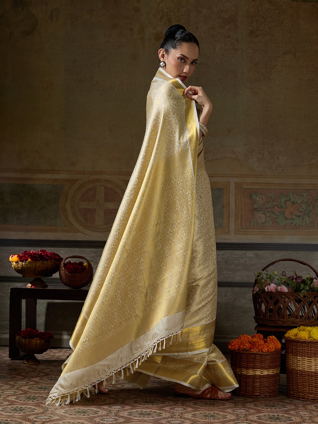 Beige Floral Woven Zari Kanchivaram Silk Saree