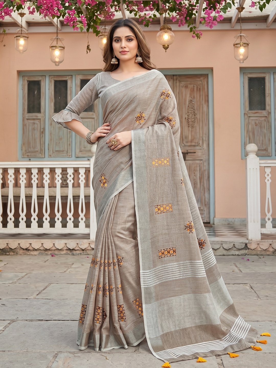 Beige Geometric Designer Embroidery Linen Saree