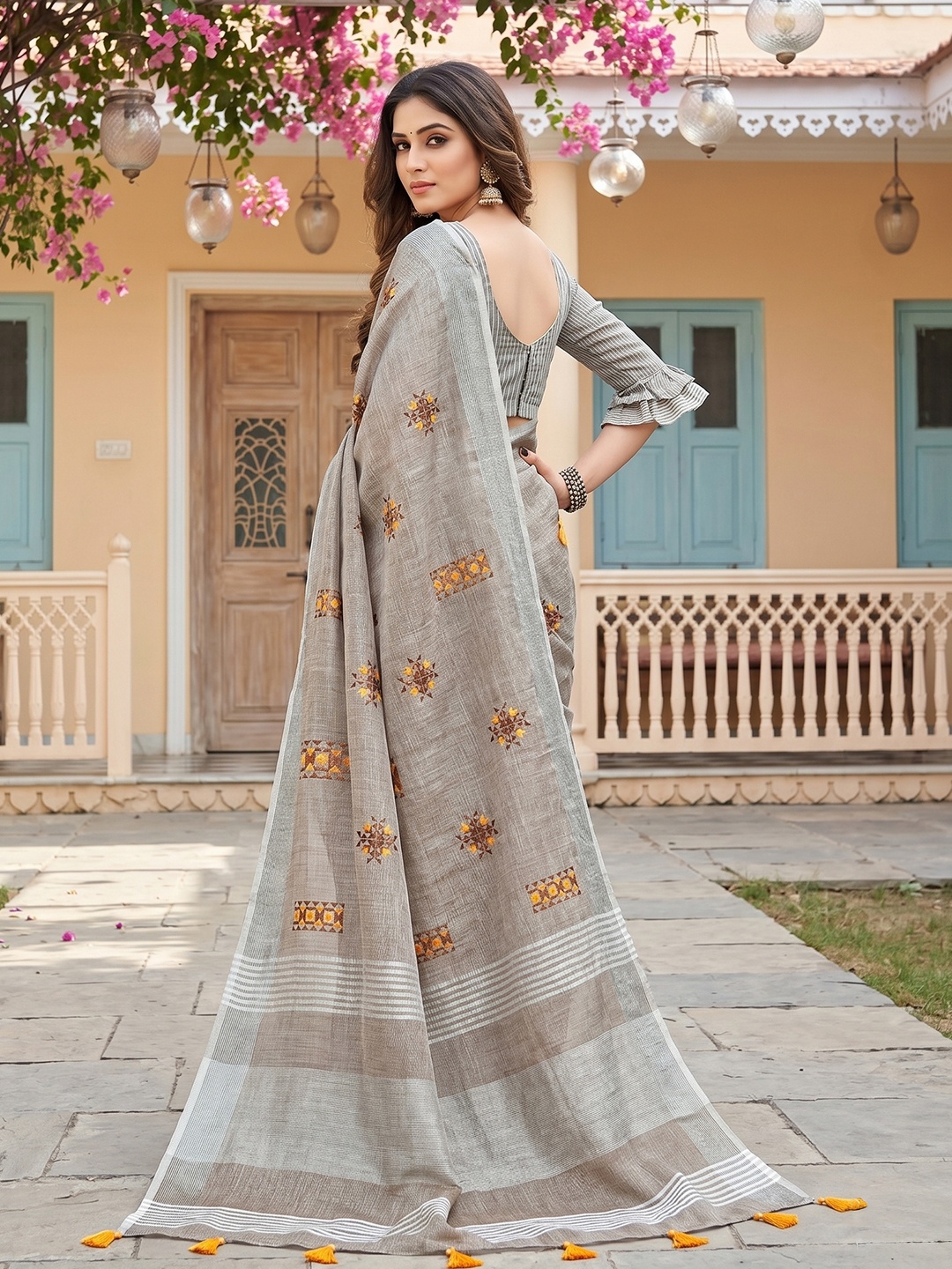 Beige Geometric Designer Embroidery Linen Saree — alternate view