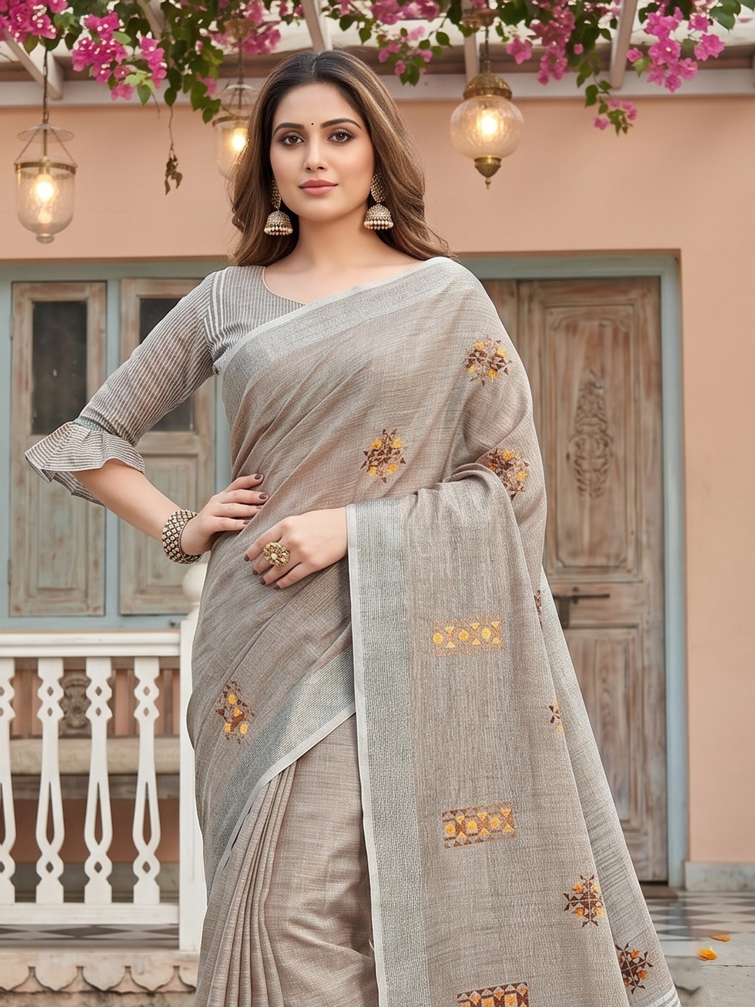 Beige Geometric Designer Embroidery Linen Saree