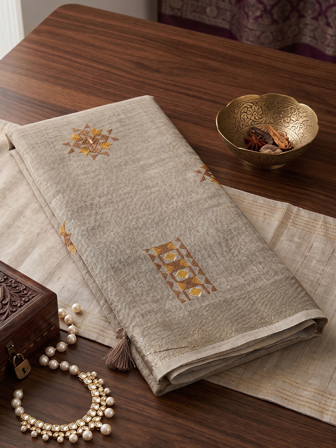 Beige Geometric Designer Embroidery Linen Saree
