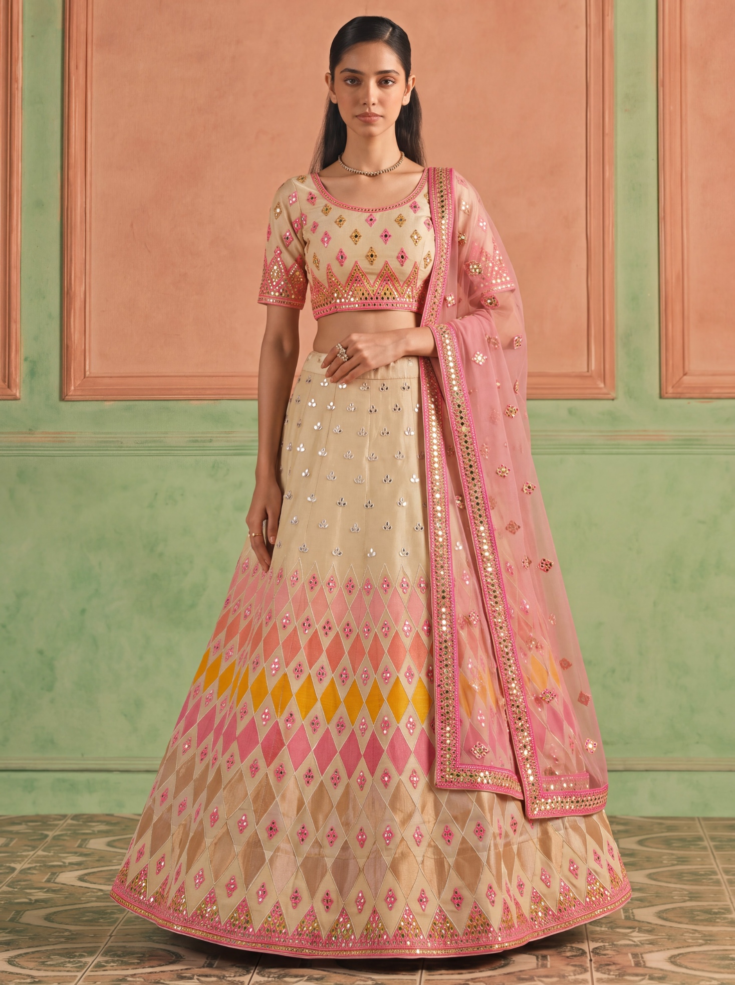 Beige Geometric Embroidered Organza Lehenga Choli