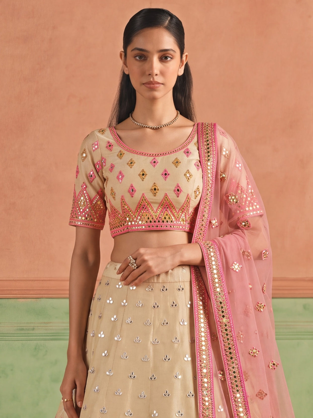 Beige Geometric Embroidered Organza Lehenga Choli — alternate view