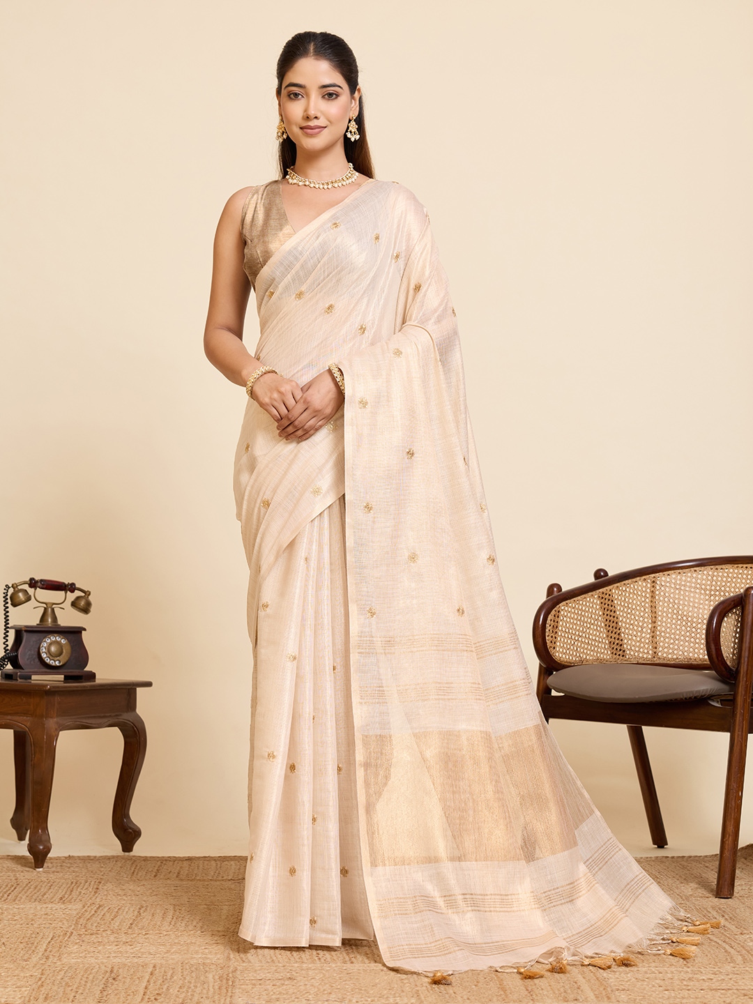 Beige Gold Geometric Woven Linen Silk Designer Saree