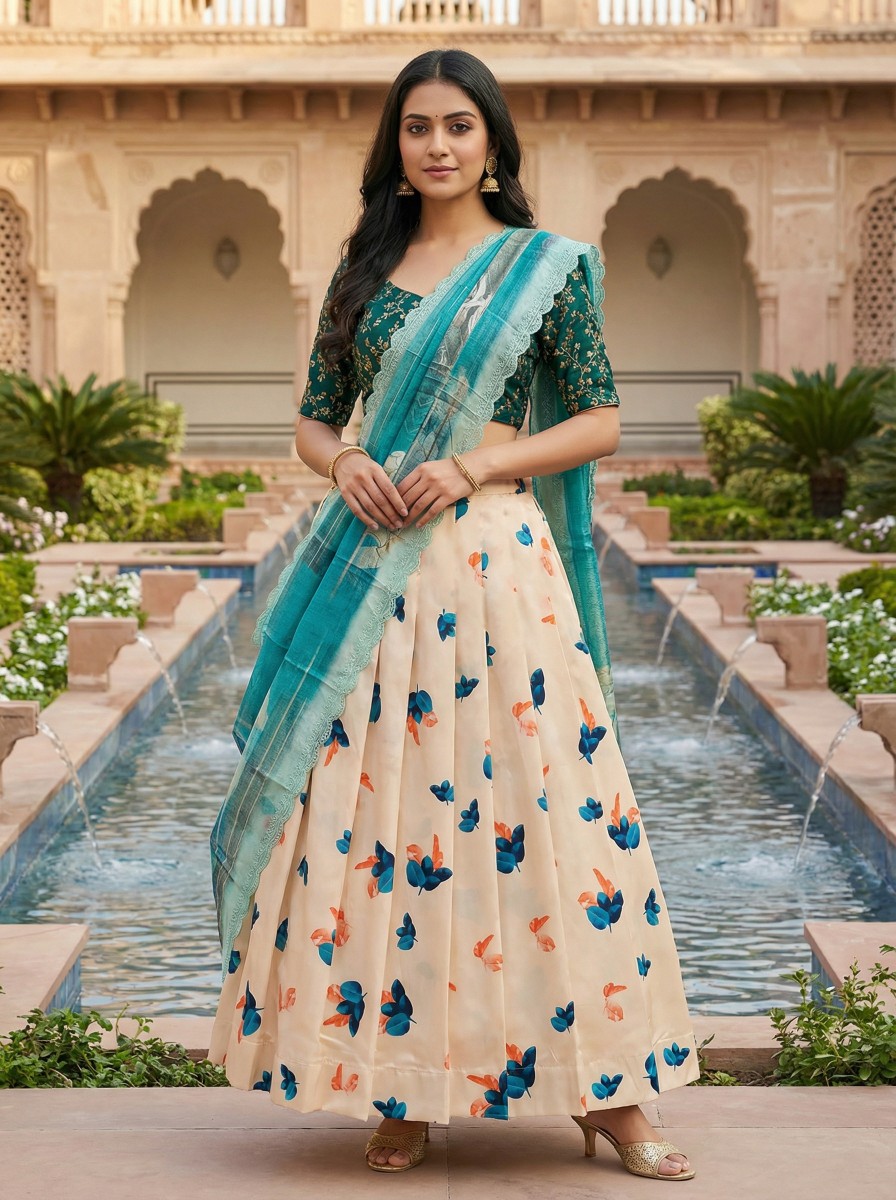 Beige Green Designer Printed Satin Silk Lehenga Choli