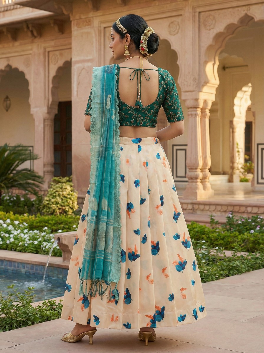 Beige Green Designer Printed Satin Silk Lehenga Choli — alternate view