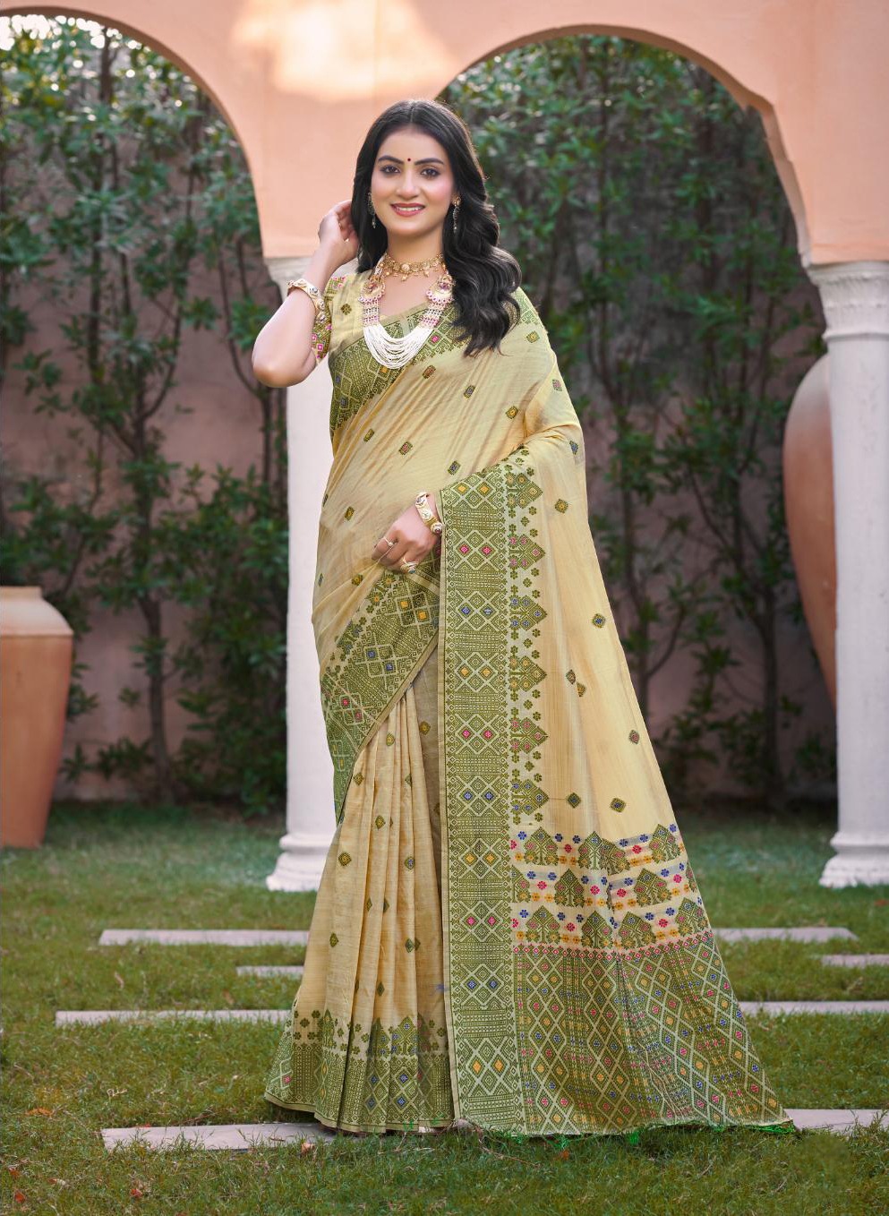 Beige Green Geometric Woven Assam Silk Saree
