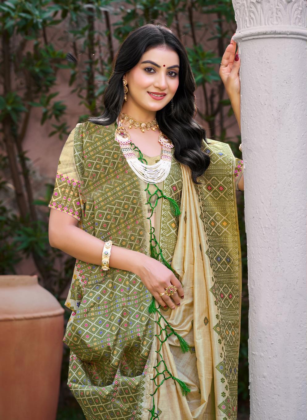 Beige Green Geometric Woven Assam Silk Saree — alternate view