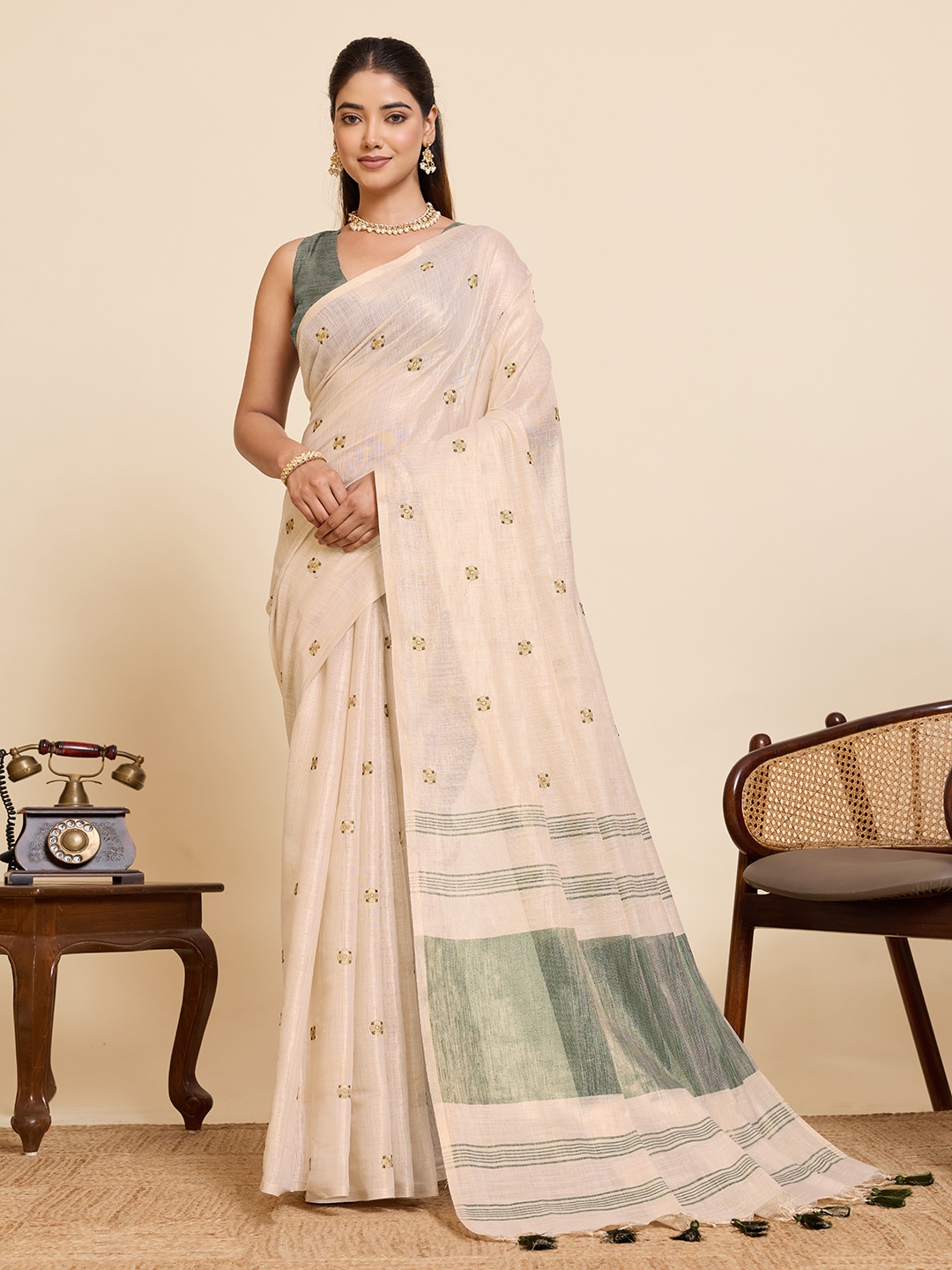 Beige Green Geometric Woven Linen Silk Designer Saree