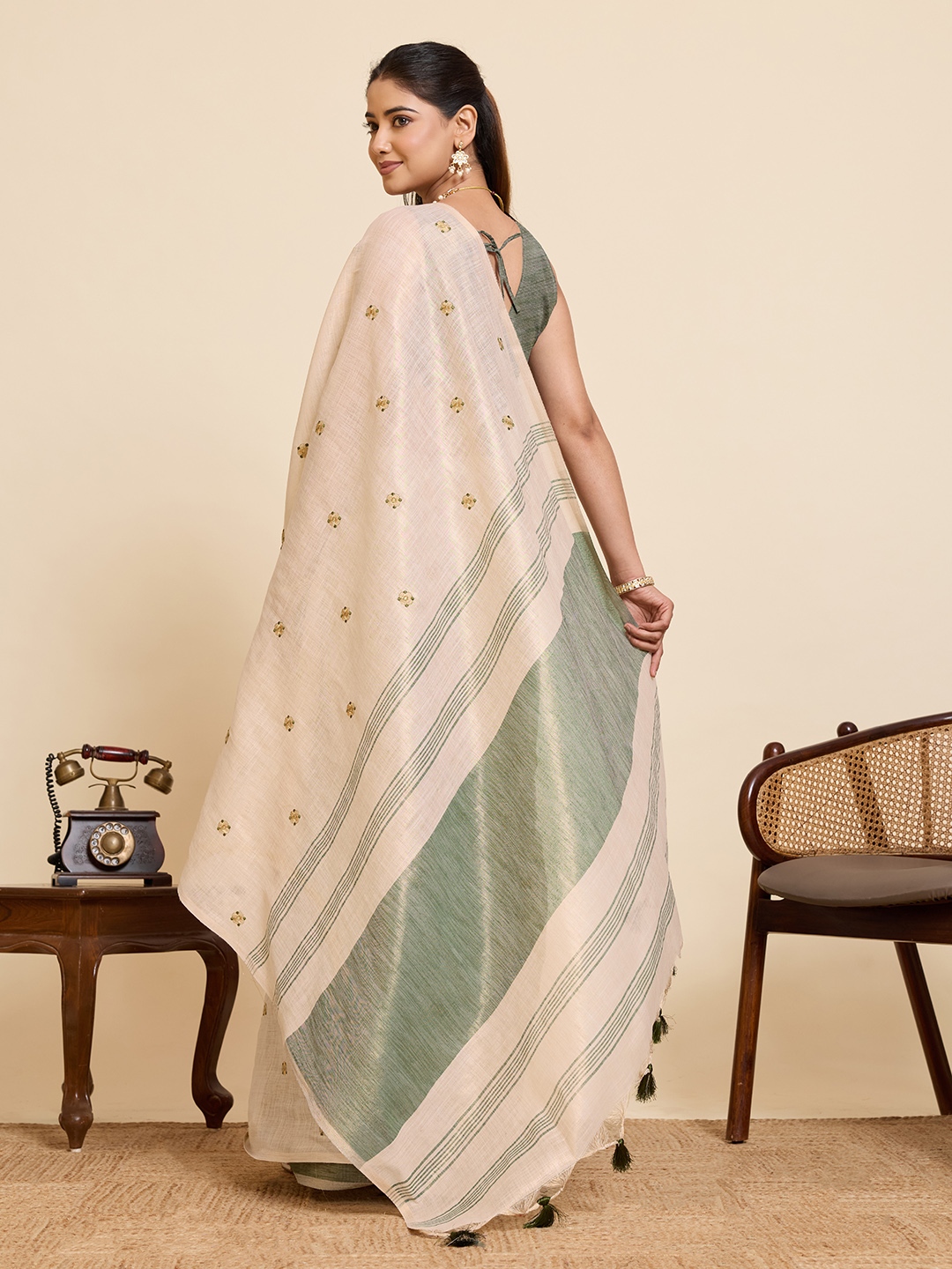 Beige Green Geometric Woven Linen Silk Designer Saree — alternate view