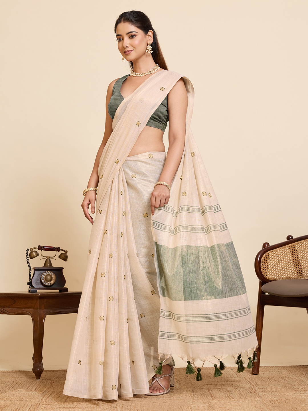 Beige Green Geometric Woven Linen Silk Designer Saree