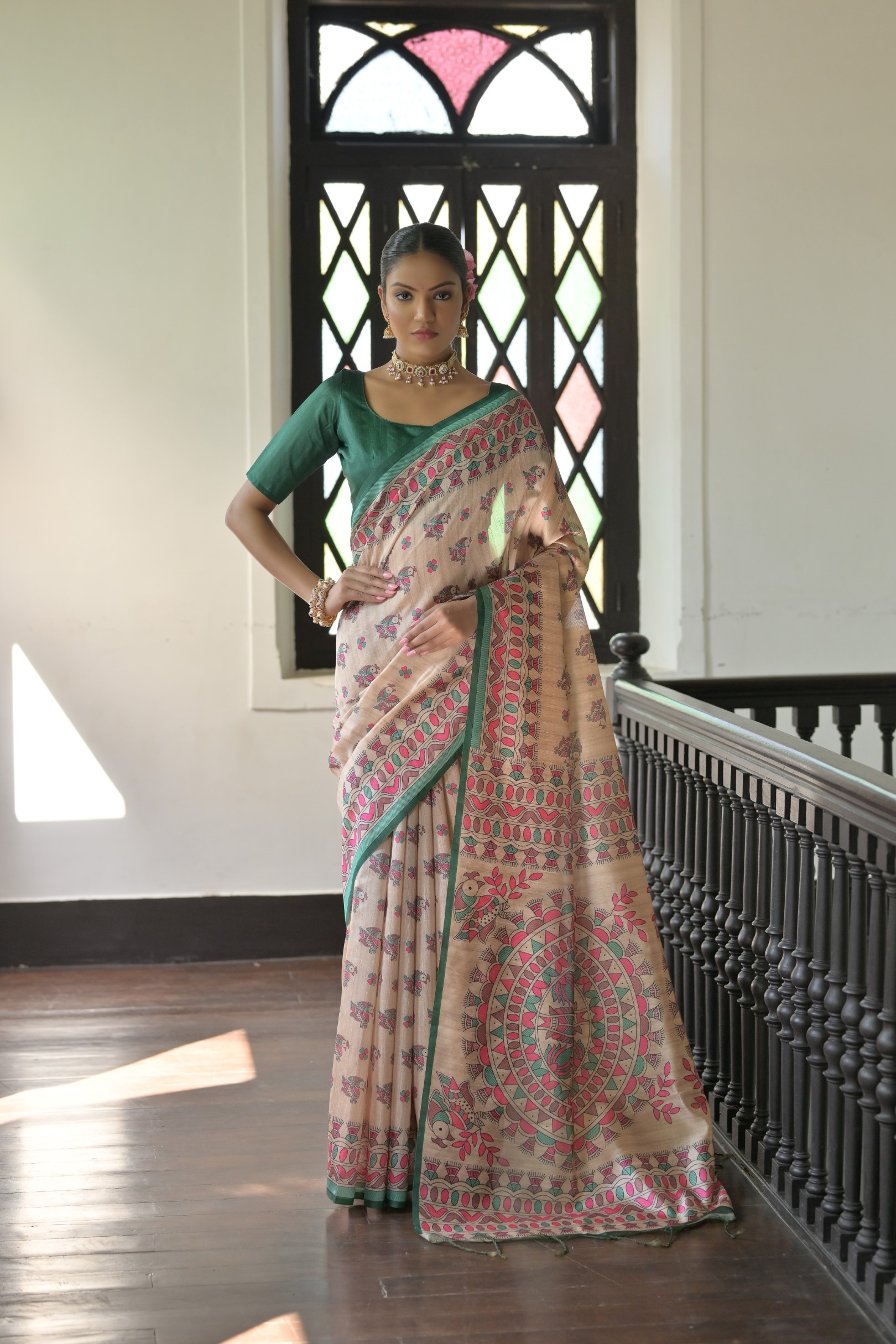 Beige Green Madhubani Printed Tussar Silk Saree