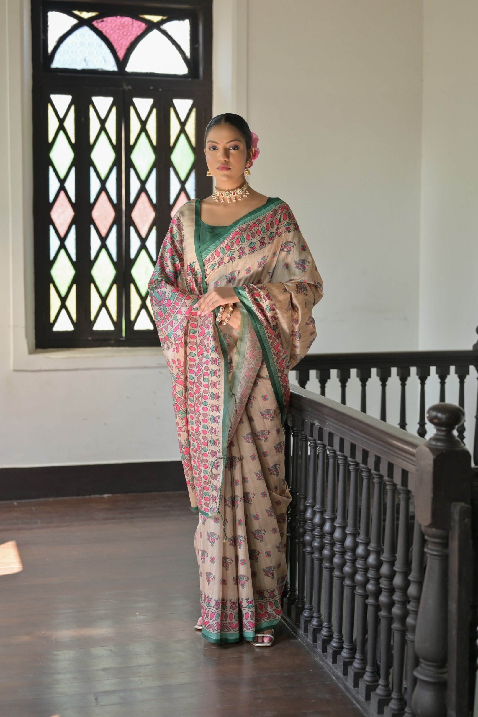 Beige Green Madhubani Printed Tussar Silk Saree — alternate view