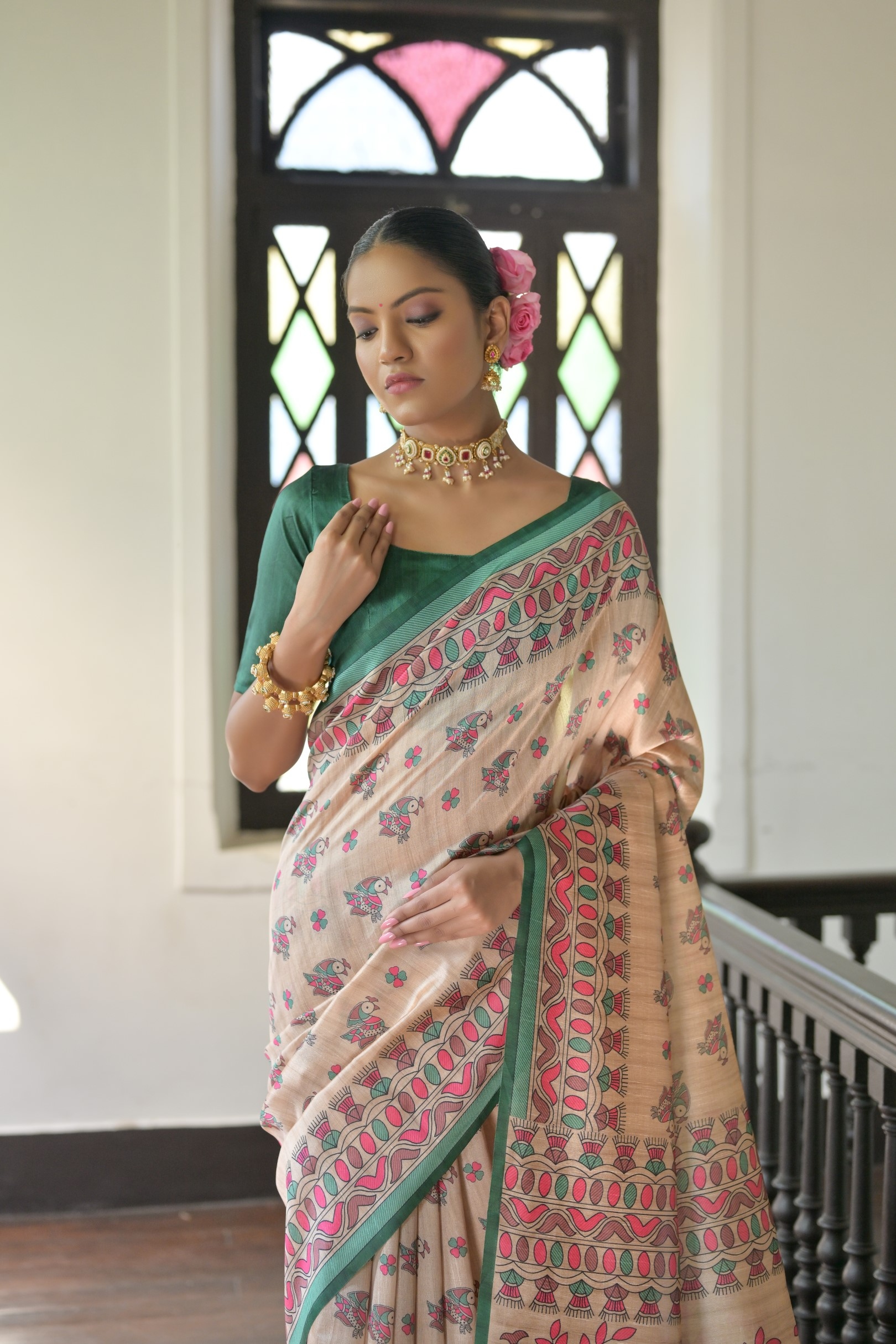 Beige Green Madhubani Printed Tussar Silk Saree