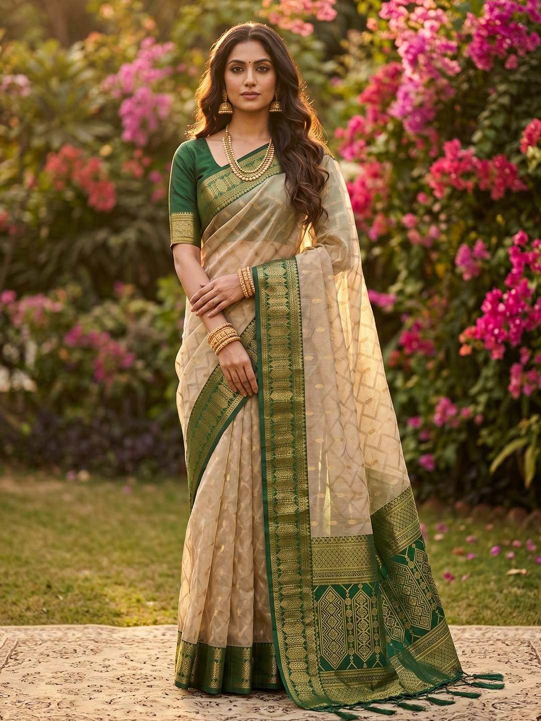 Beige Green Woven Cotton Saree