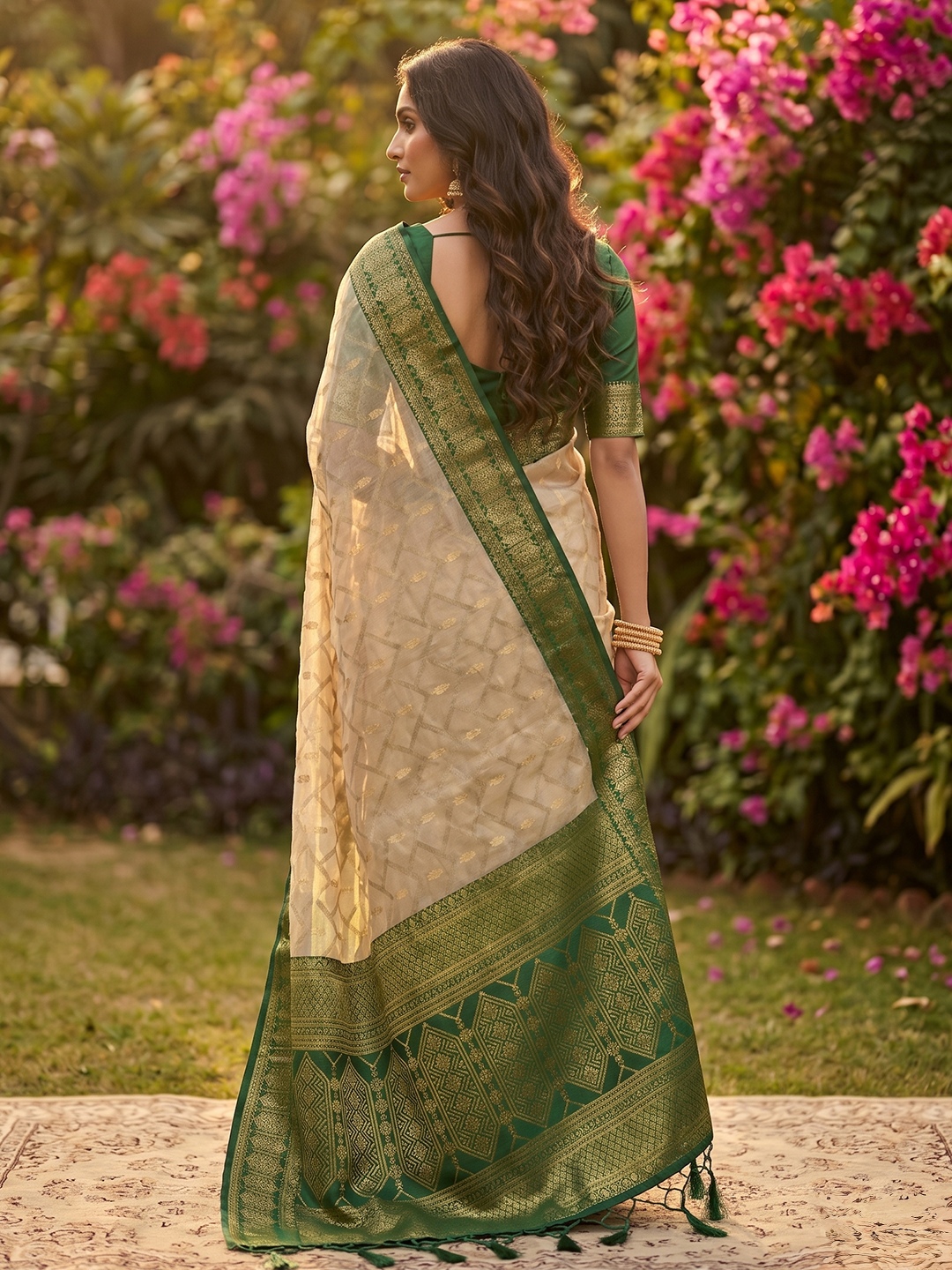 Beige Green Woven Cotton Saree