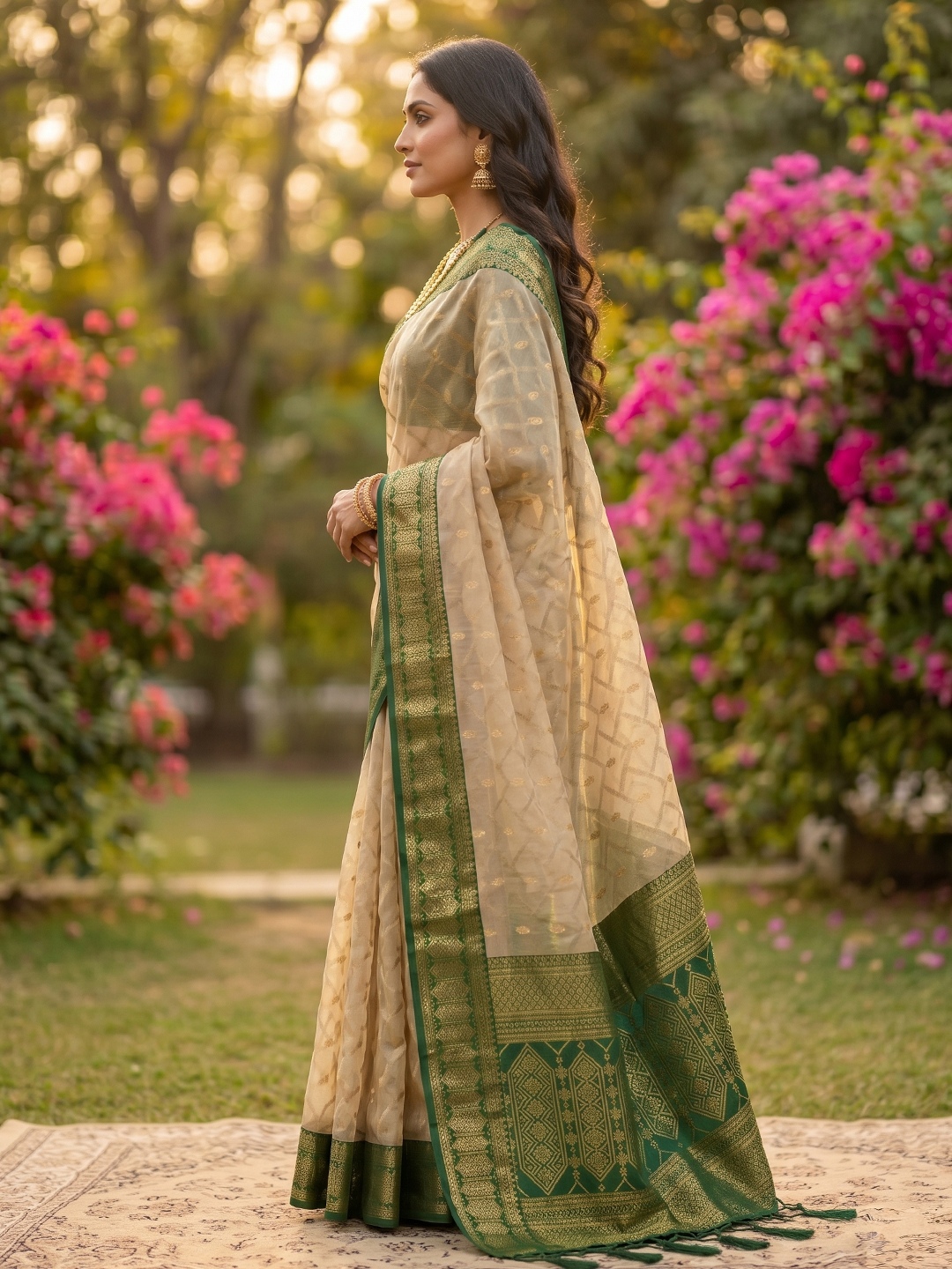 Beige Green Woven Cotton Saree