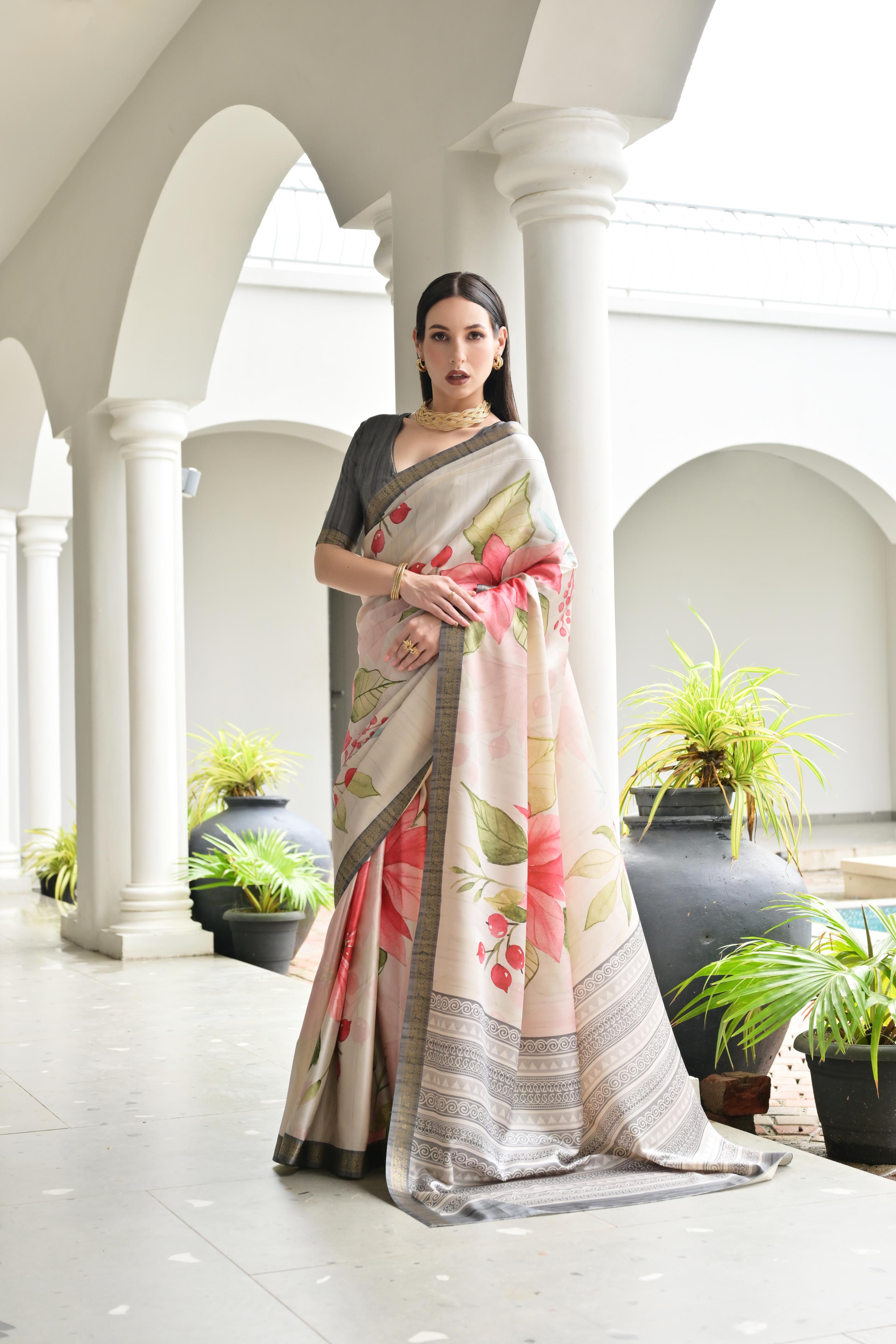 Beige Grey Printed Woven Satin Silk Saree